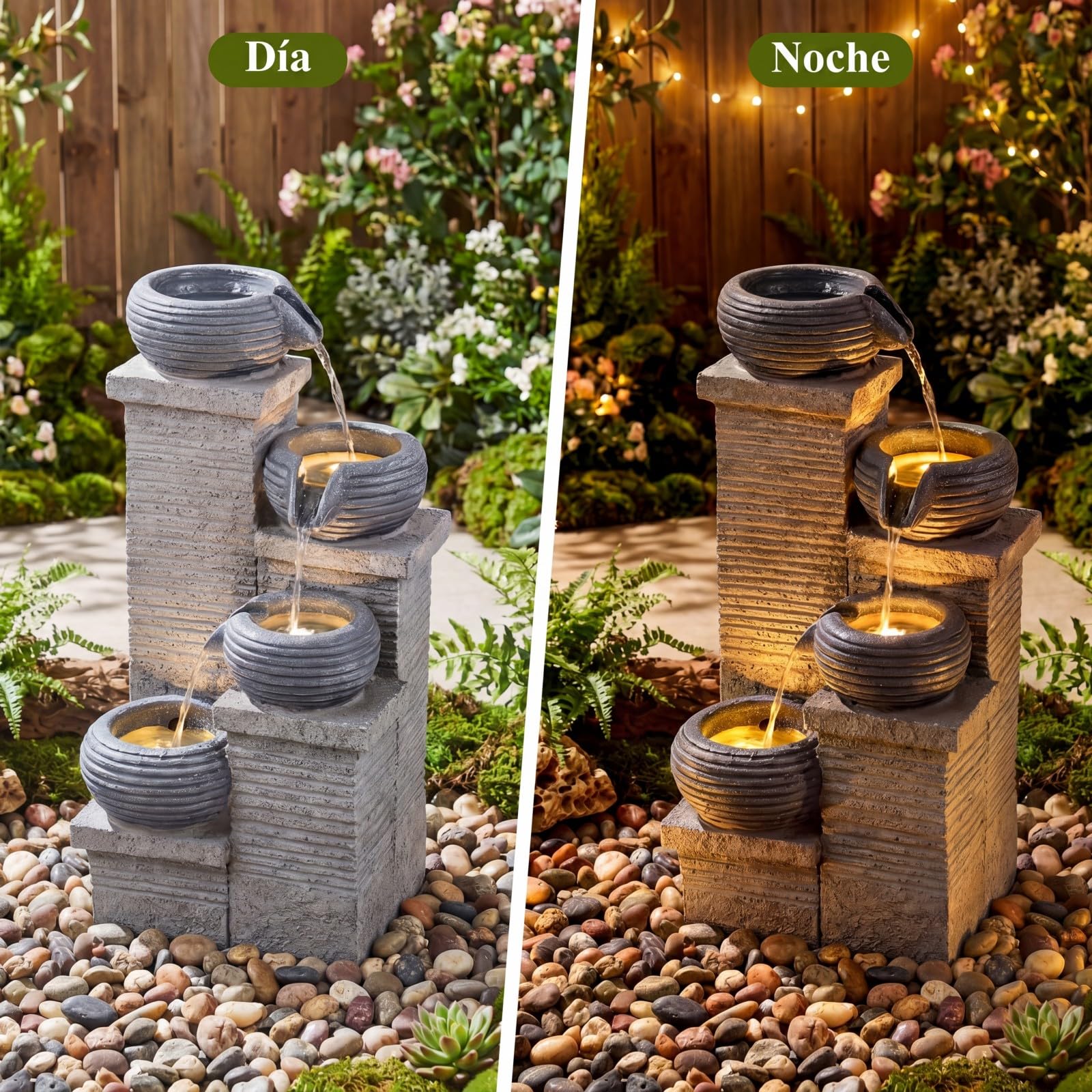 COSTWAY Fuente de Agua Decorativa con Luz LED, Fuente de Jardín Cascada de 4 Niveles con Cuencos, Flujo Ajustable y Bomba, Decoración Zen Interior Exterior para Patio Hogar Oficina, 28 x 22 x 58 cm