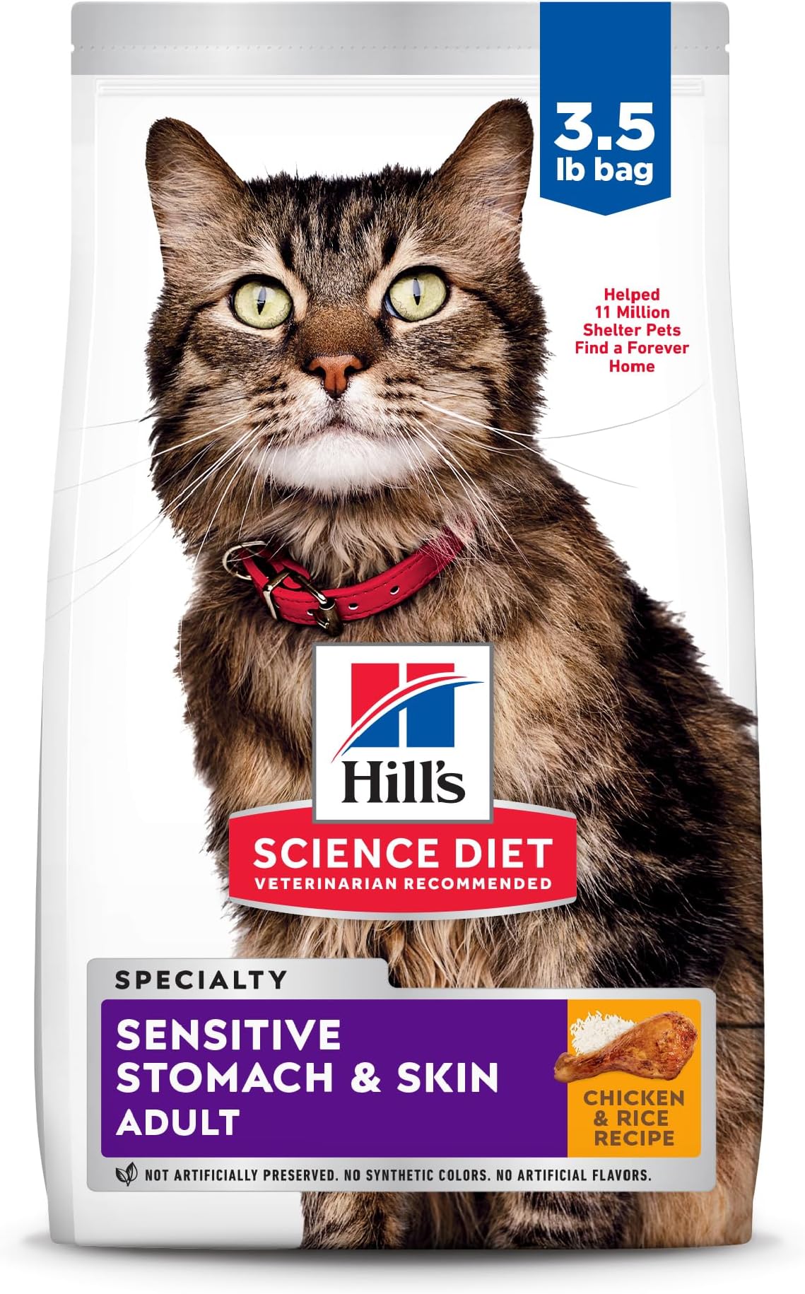 Hill's Science Diet Adult Sensitive Stomach & Skin Dry Cat Food, Chicken & Rice, 3.5 lb. Bag (Updated Formula)