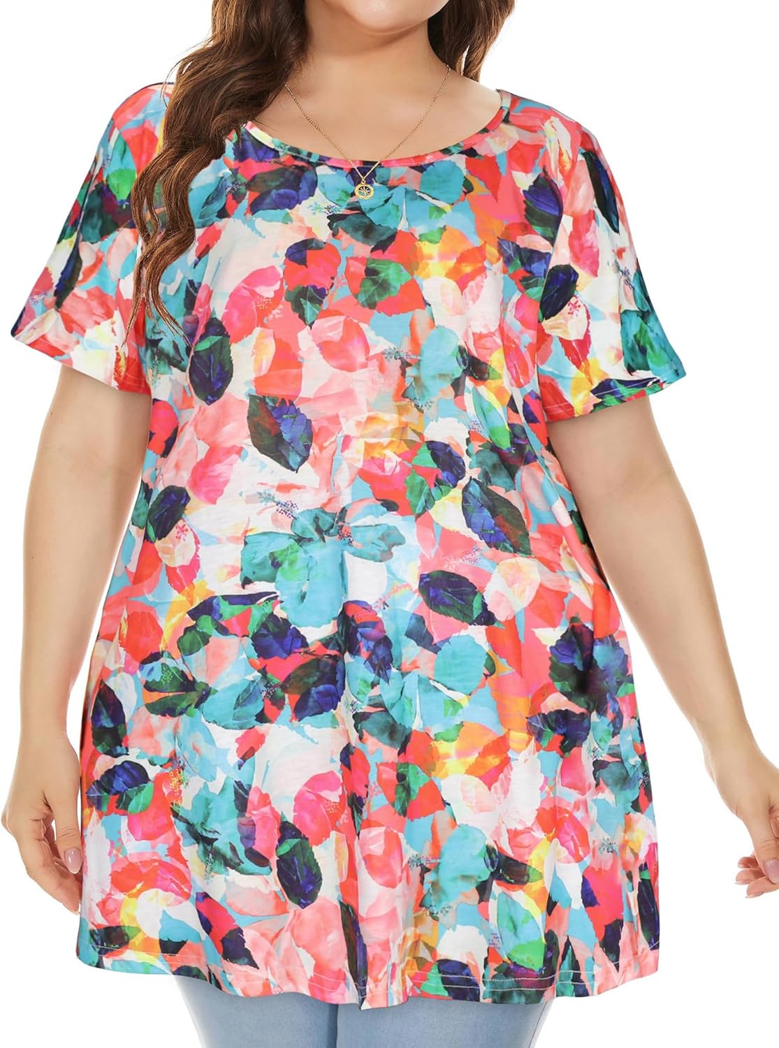 JOELLYUS Plus Size Tops for Women Tunic Floral Casual Short Sleeves T Shirts Flowy Blouses - Image 3