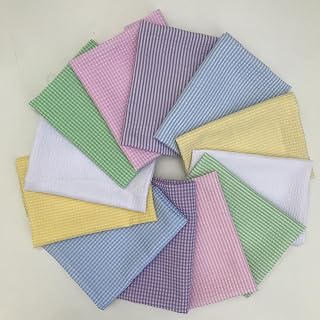 12 PCS 18x22 Inch Seersucker Mini Gingham & Stripes Fat Quarters Fabric | 6 Gingham & 6 Stripes, Pastle Colors, Lightweight Polycotton, Ideal for sewing Easter Decor, Spring & Summer Craft