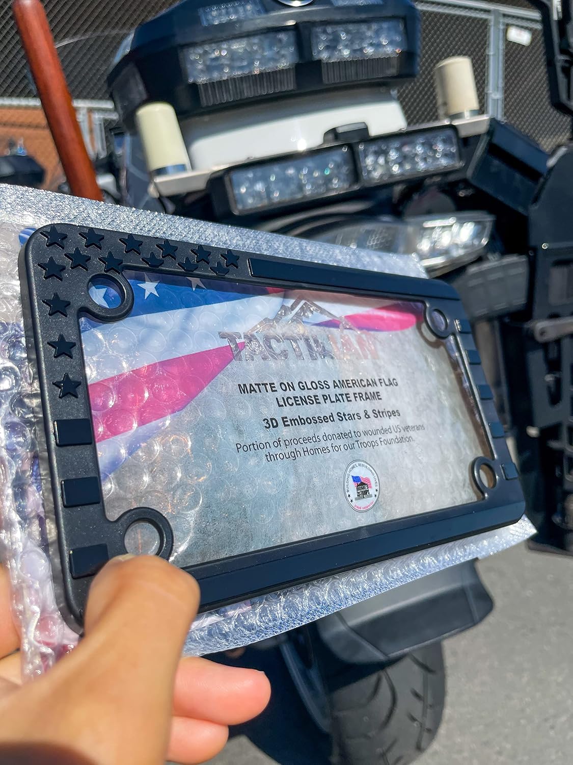 TACTILIAN Motorcycle American Flag License Plate Frame - Subdued 3D Embossed USA Flag in Gloss on Matte Black Finish for Motorcycle, Scooty, Harley