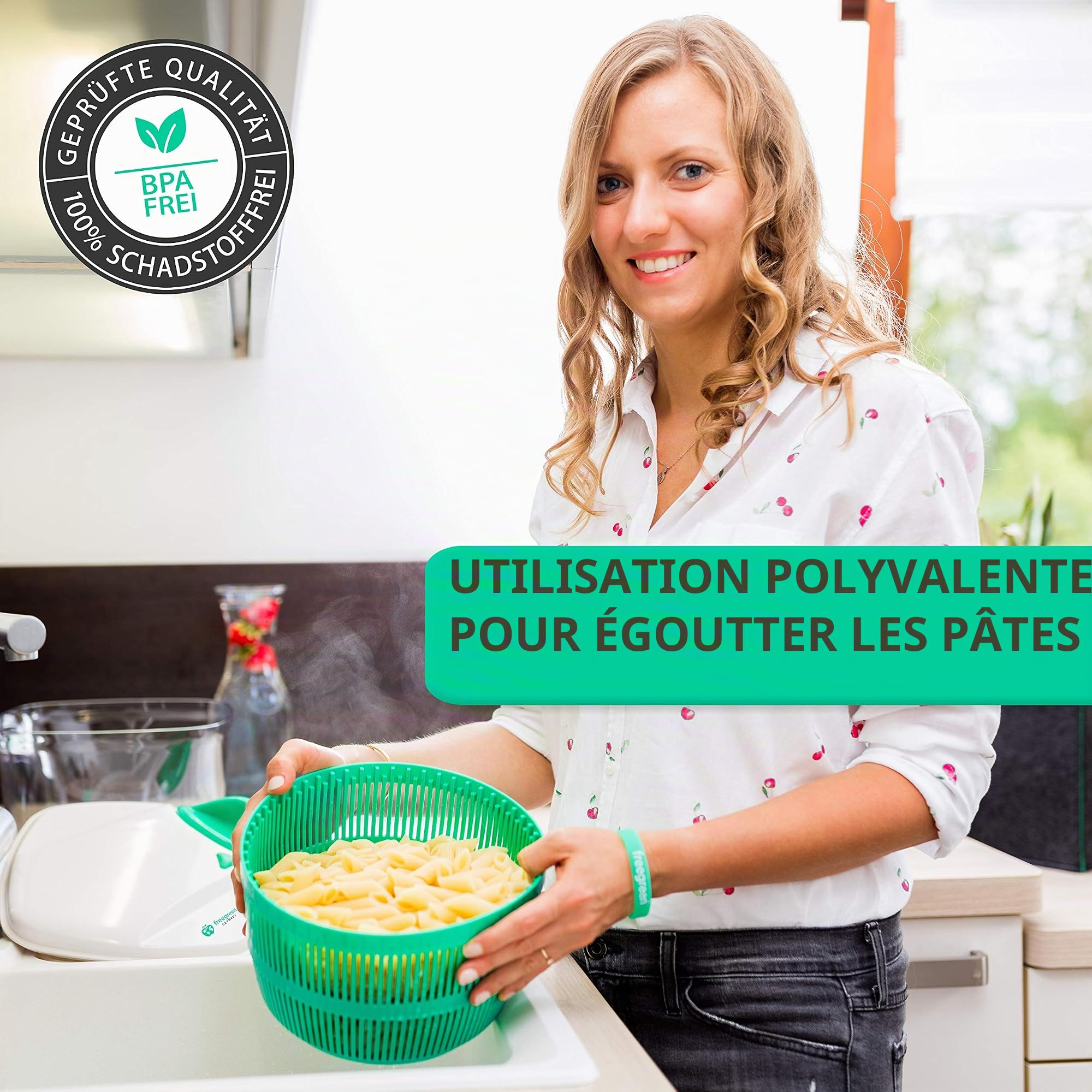 freegreen® Germany Essoreuse à salade [5L] avec mécanisme de traction breveté, passoire et couvercle avec bec verseur intégré I [recettes de salade] I Saladier pour servir avec style