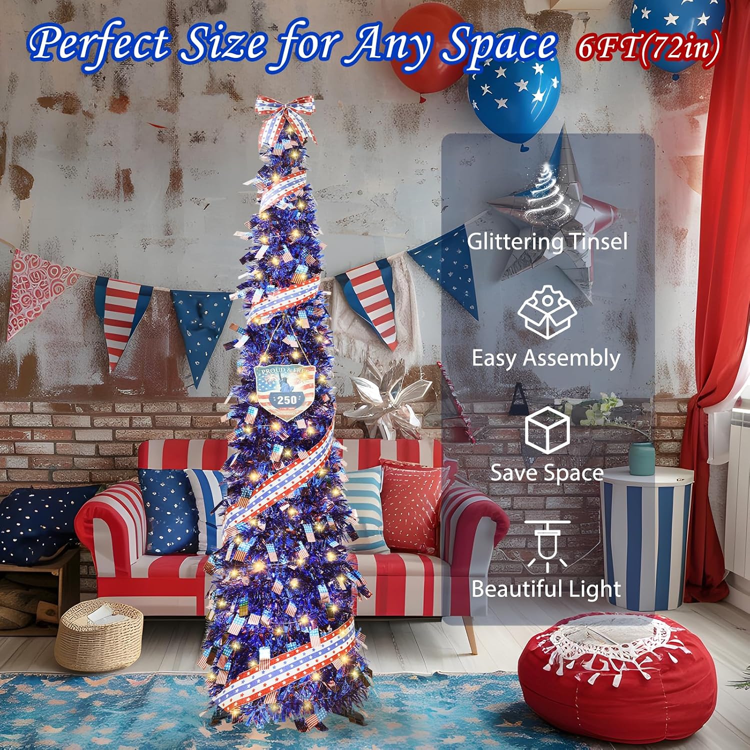 HMASYO 4th of July Decorations 6 FT Pop Up Patriotic Tinsel Tree with 100 Timer Lights – USA 250th Anniversary Decorations Merchandise Collapsible Pencil Tree for Home Office Decorations