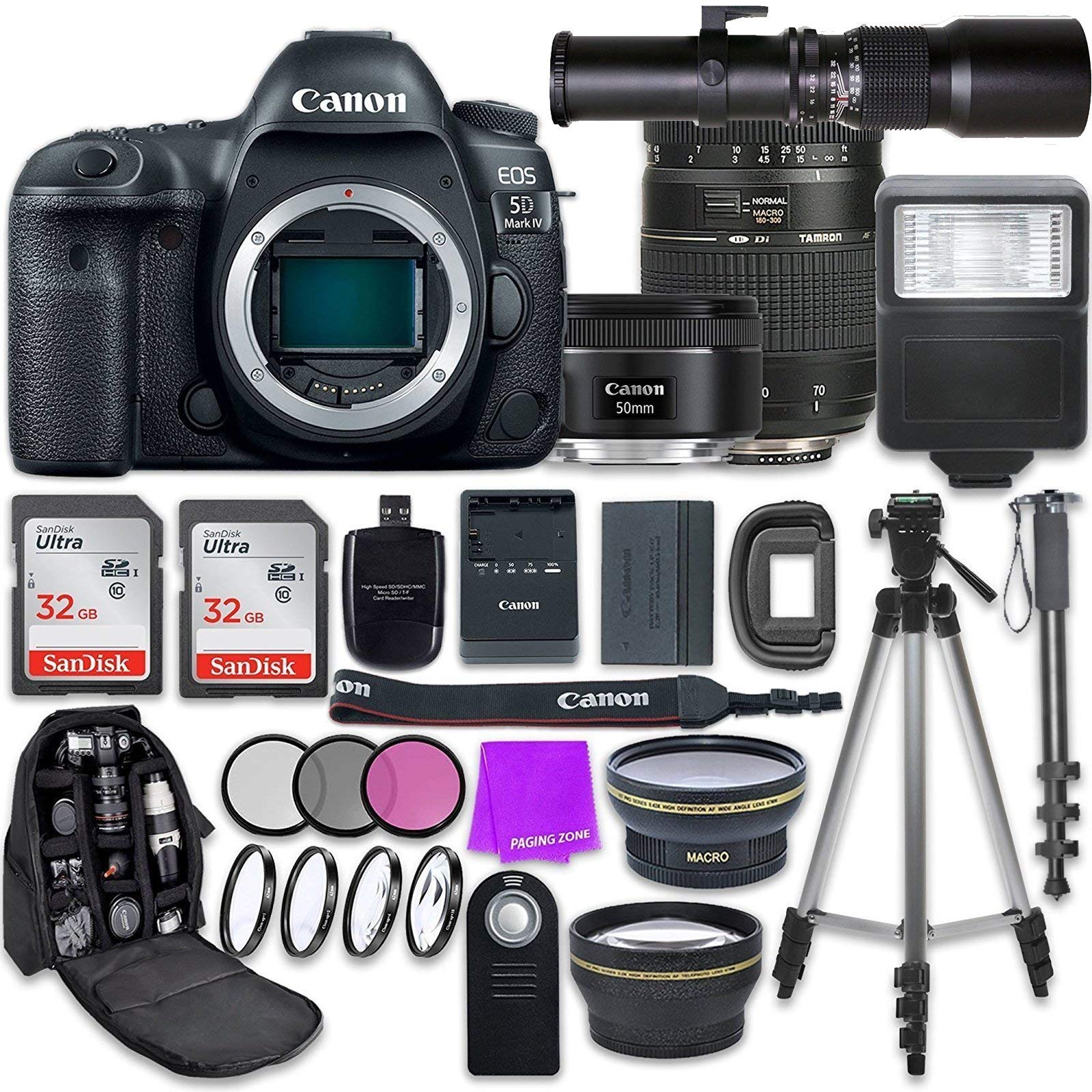 Canon EOS 5D Mark IV DSLR Camera with Canon EF 50mm f/1.8 STM Lens + Tamron 70-300mm f/4-5.6 AF Lens + 500mm Preset Telephoto Lens + Accessory Bundle (Renewed)