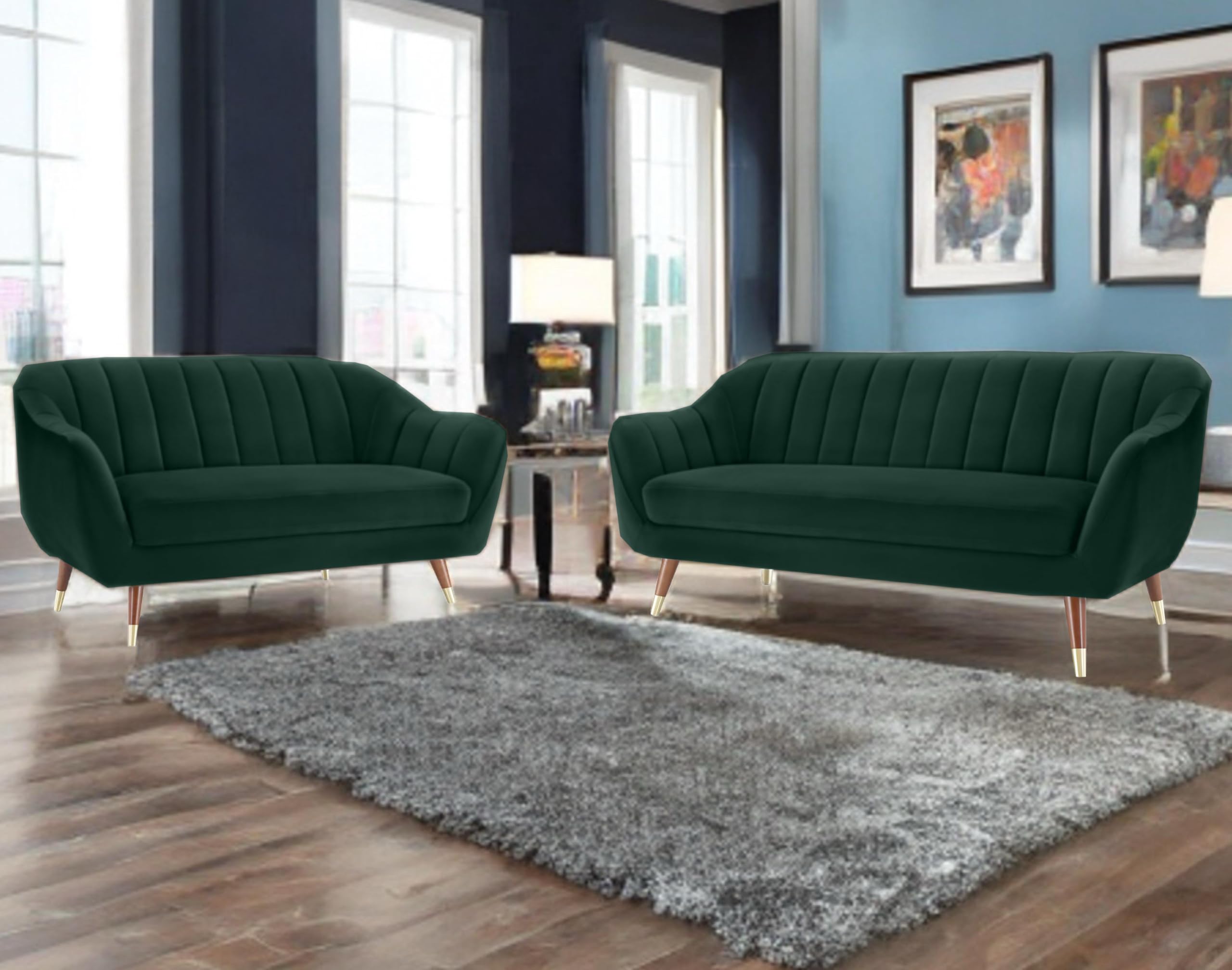 AMATA Marino 3+2 Seater Green Suede Velvet Fabric Sofa Set with Two Cushions Perfect for Home Office Guests Living Room with 3 Year Warranty (04 Green, 3+2 Seater)