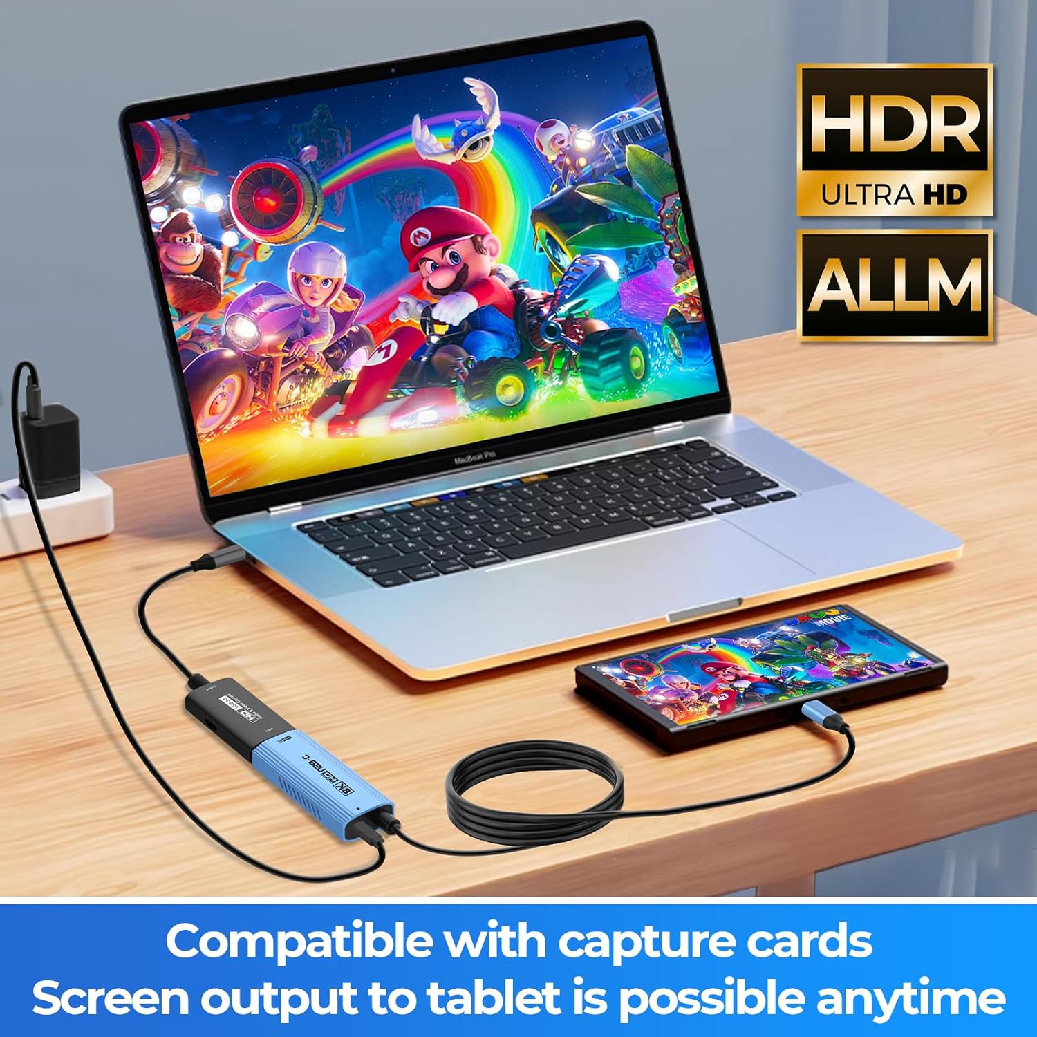 Guermok Switch 2 Compatible USB3.0 Video Capture Card 1080P/2K PD100W with 90° Type-C Adapter and 67in USB-C to HDMI TV Mode Cable, Supports HDR 8K, Works with Pad, macOS, Quest 3