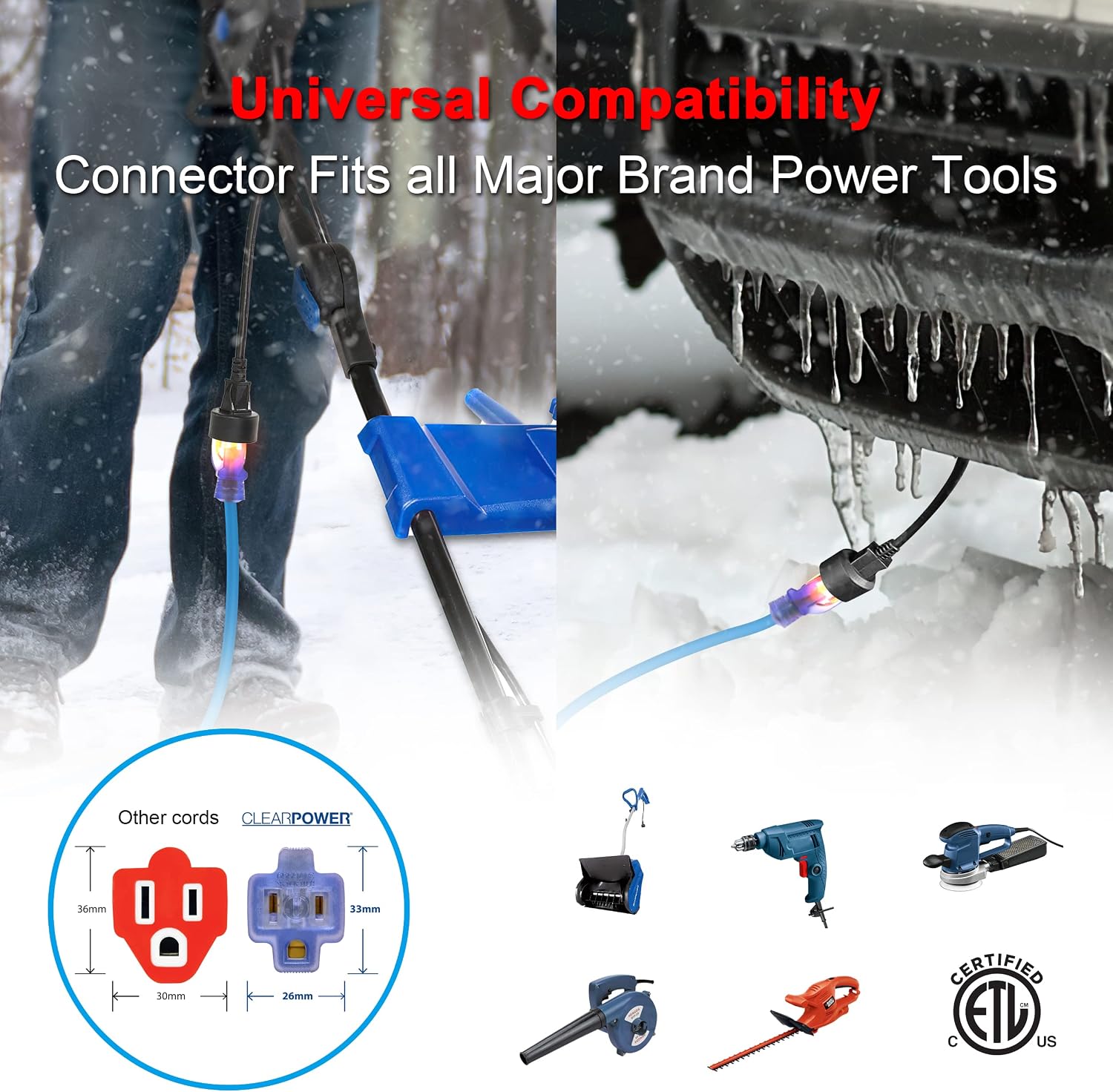 Clear Power Outdoor Extension Cord - 100 FT, Blue | for Extreme Cold Weather -50°C, 14/3 SJTW, 3 Prong Grounded Plug, with Power Indicator Light (CP10078)