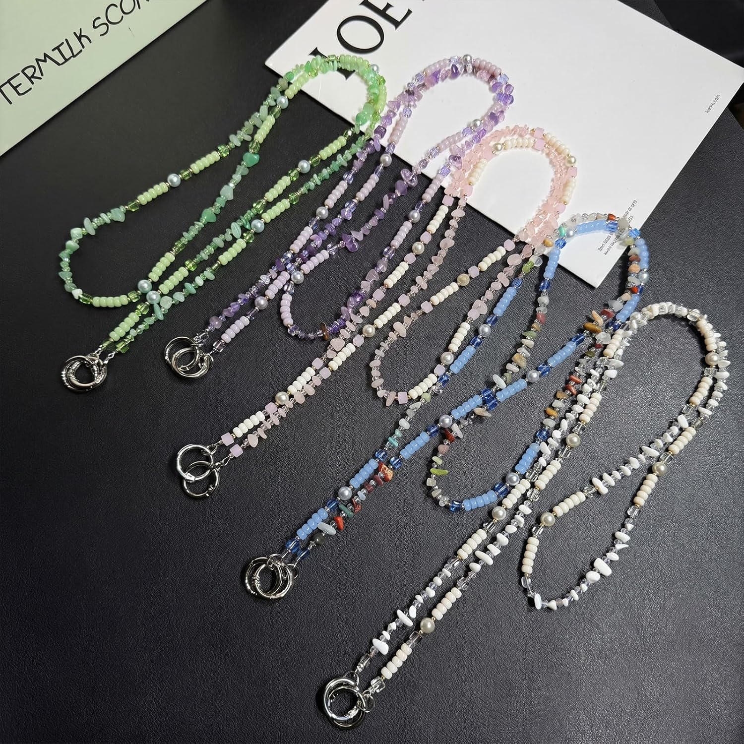 inewateri Universal Beaded Phone Lanyard, Natural Stone Cell Phone Chain Crossbody Wrist Strap Anti-Theft Detachable Women Cellphone Lanyards，Compatible with Most Phones Bag Purse-Pink