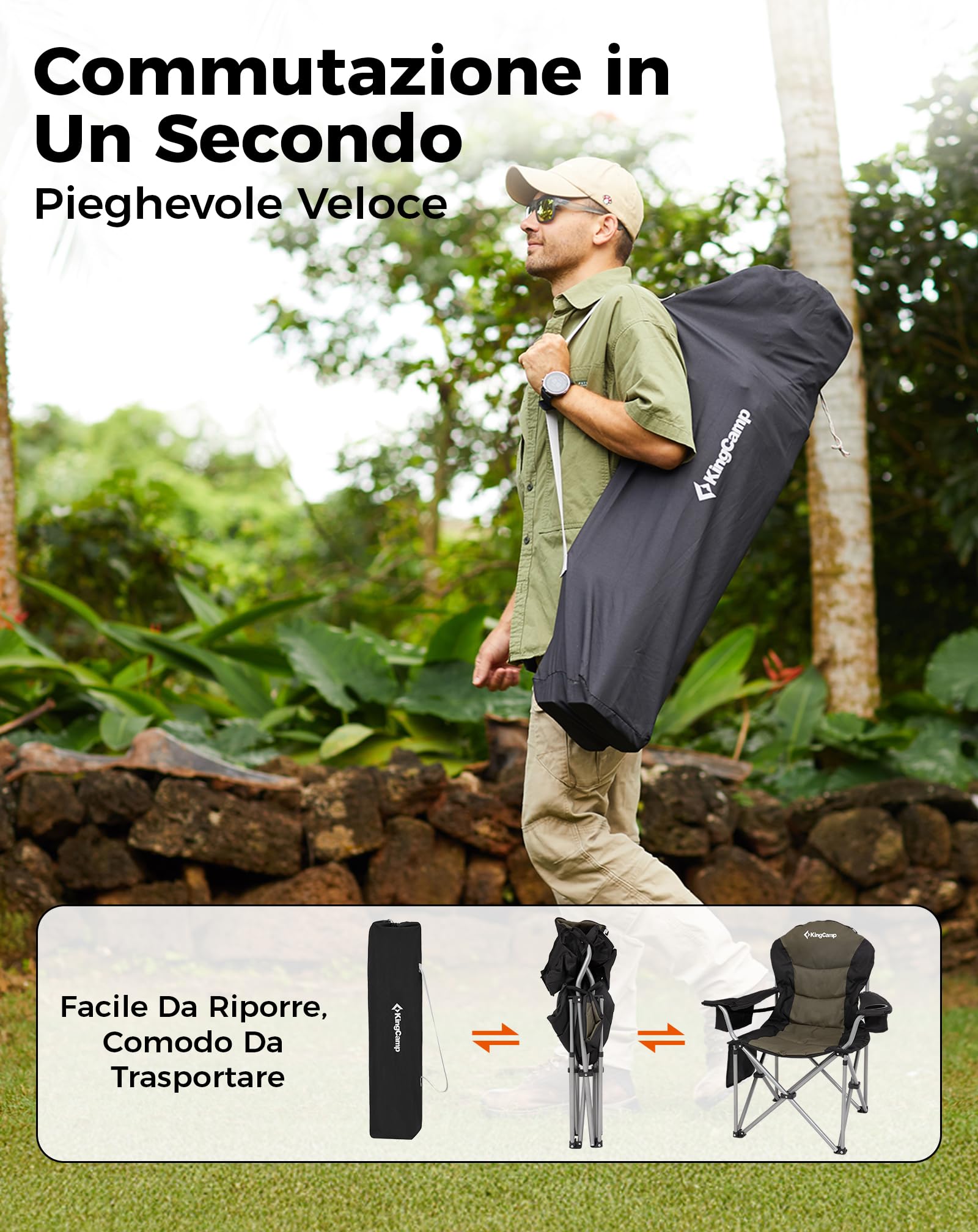 KingCamp Sedia Campeggio Pieghevole Ergonomica Imbottita XXL 250 kg | Sedia con Supporto Lombare Regolabile, Borsa Termica e Braccioli per Camping Giardino Pesca Spiaggia e Festival
