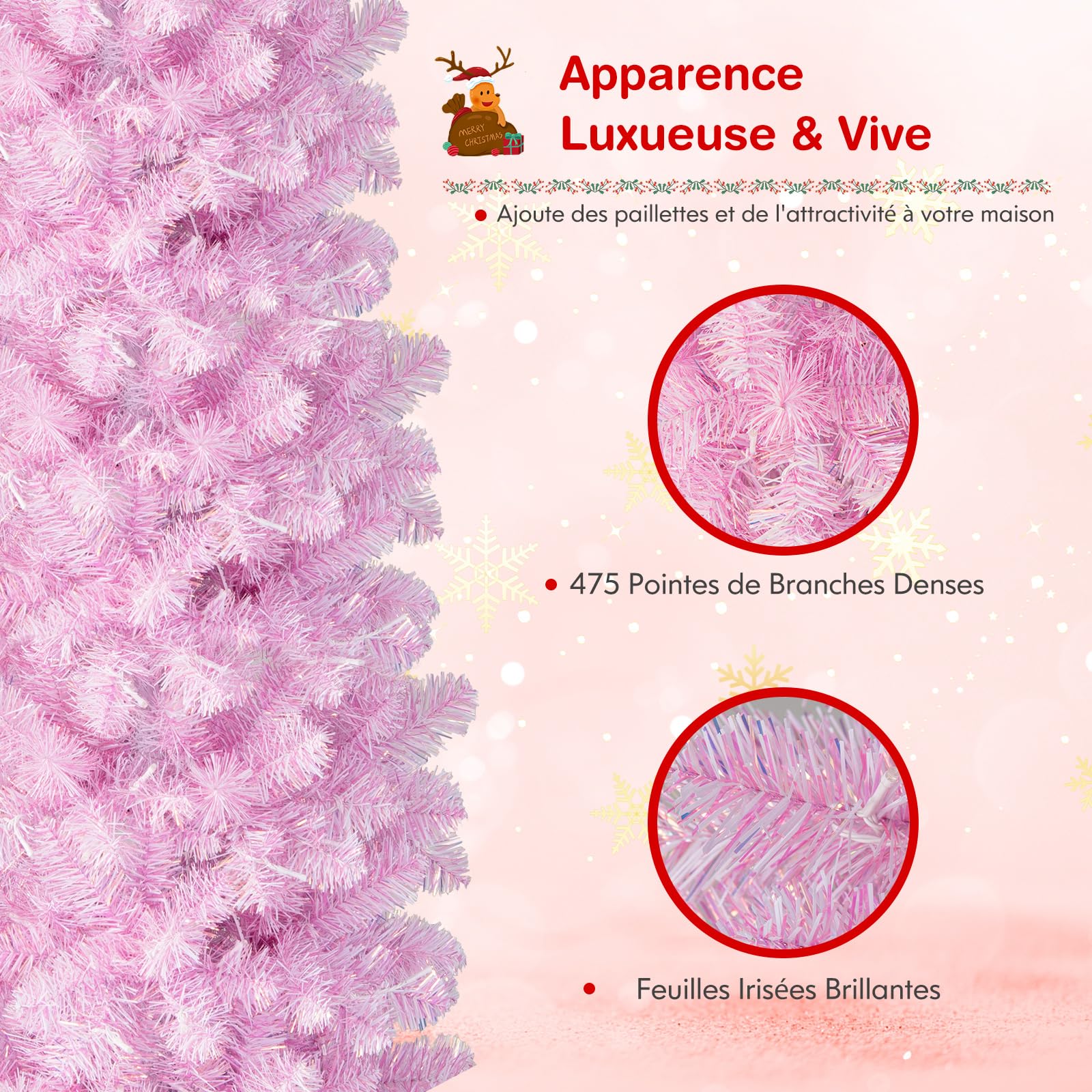 COSTWAY Sapin de Noël Artificiel Pré-éclairé de 180 CM, Arbre de Noël en Forme de Crayon avec 475 Pointes de Branches et 250 Lumières LED Blanc Froid, Support en Métal Pliable, Rose
