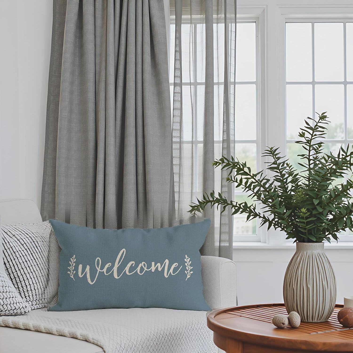 PANDICORN Farmhouse Welcome Throw Pillow Cover 12x20 Inch Dusty Blue Outdoor Front Porch Patio Decorations Rustic Lumbar Decorative Cushion Case for Home Living Room Bedroom Couch Bench Decor - Image 7