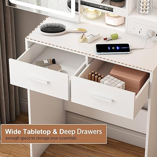 Miniatura 7 de Escritorio de tocador para adolescentes con espejo y luces, juego de mesa de maquillaje pequeño con cajón, taburete, compartimento oculto, estante