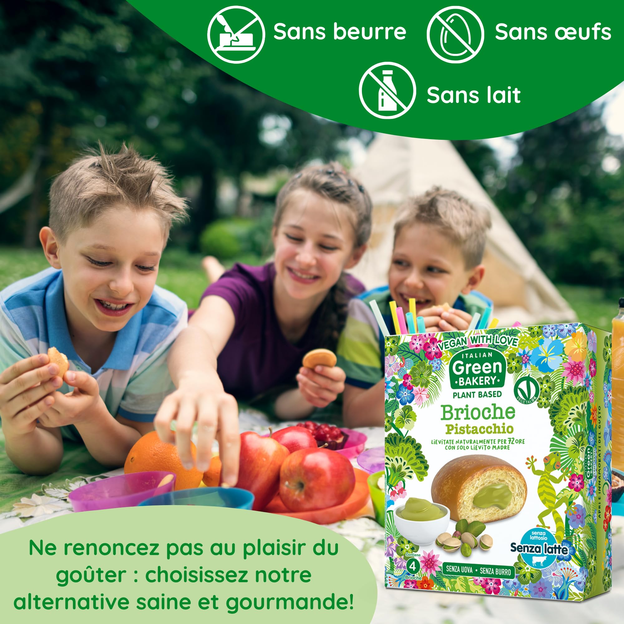 Brioches véganes garnies à la Crème de Pistache, Sans Lait ni Œufs, En-cas artisanaux Plant Based au Levain, 45 g x 24 pcs (6 Paquets) - Vegan With Love Italian Green Bakery