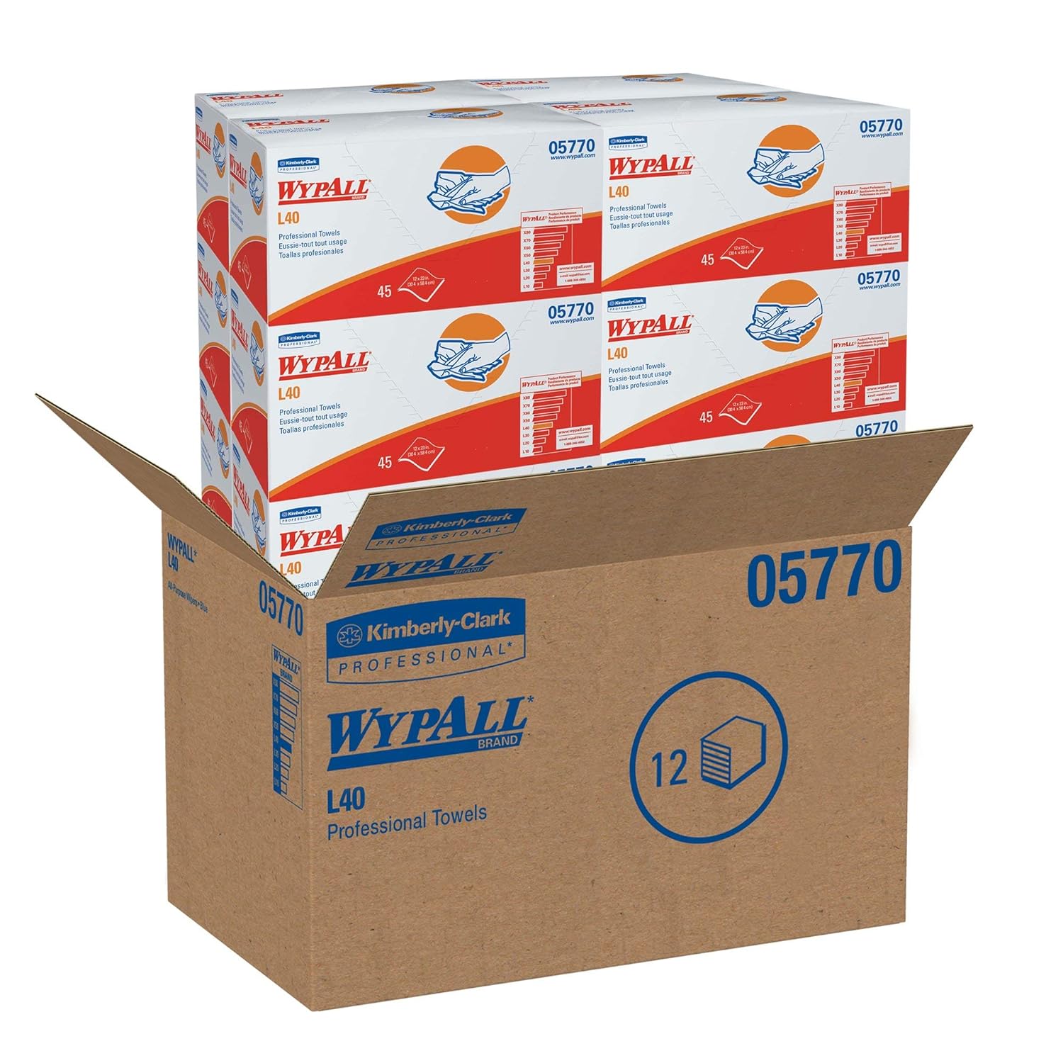 WypAll PowerClean L40 Cloths Extra Absorbent Wipes (05770), Quarterfold, Bulk Paper Wipers, White (12 Packs of 45 Sheets, 540 Sheet Total)