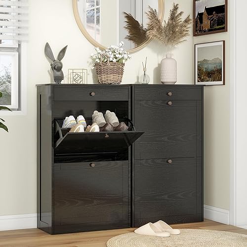 Vista 11 de Armario de zapatos con 2 cajones abatibles, organizador de zapatos oculto de madera delgado con cajón, gabinete de almacenamiento estrecho de Grano