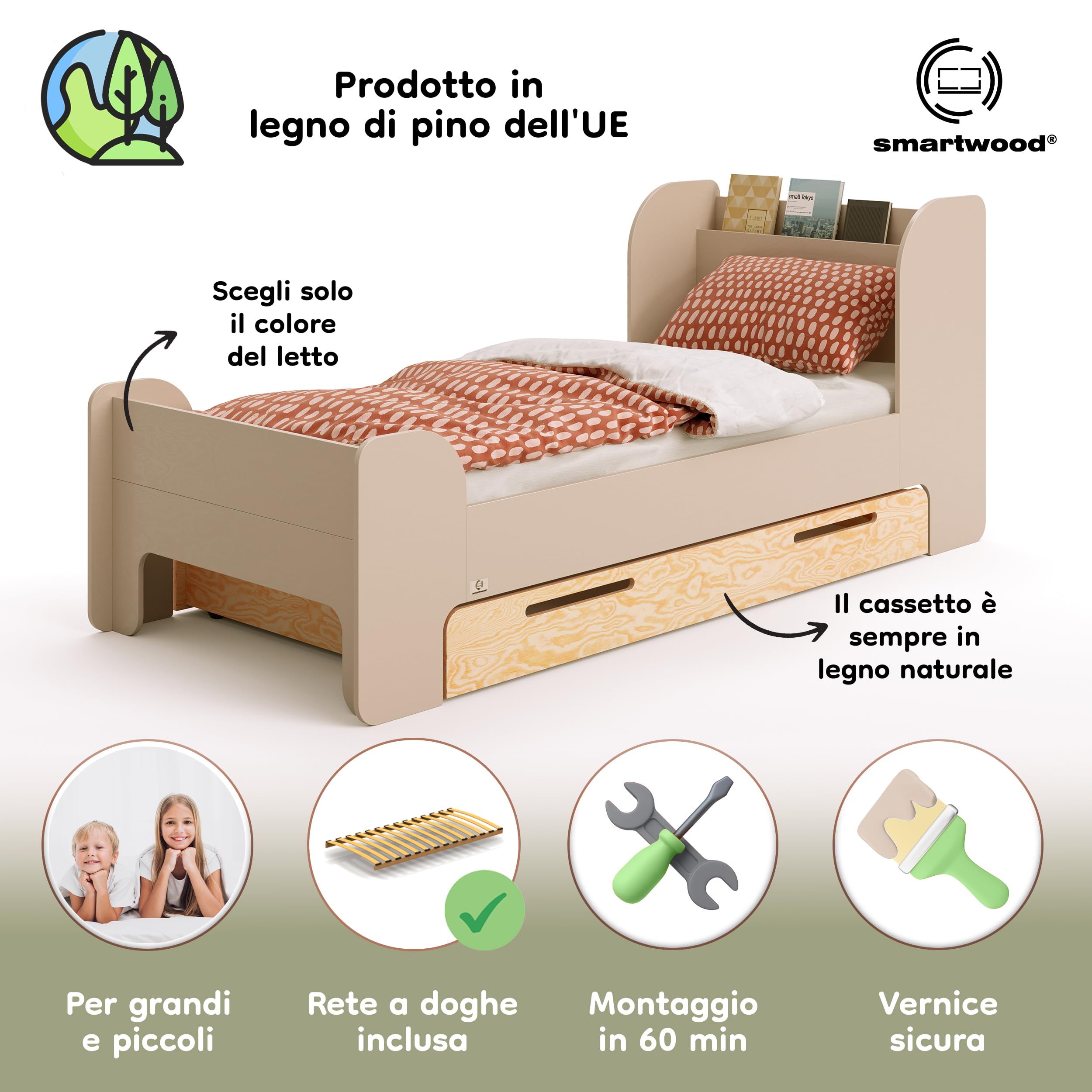smartwood Letto Bambino 100x200 cm con Cassetto, in Legno, Cachemire Flou D | incl. Cassetto, Testiera con Ripiano, Rete fino a 230 kg, in Legno di Pino FSC, Letto per Ragazze & Ragazzi dai 3 anni