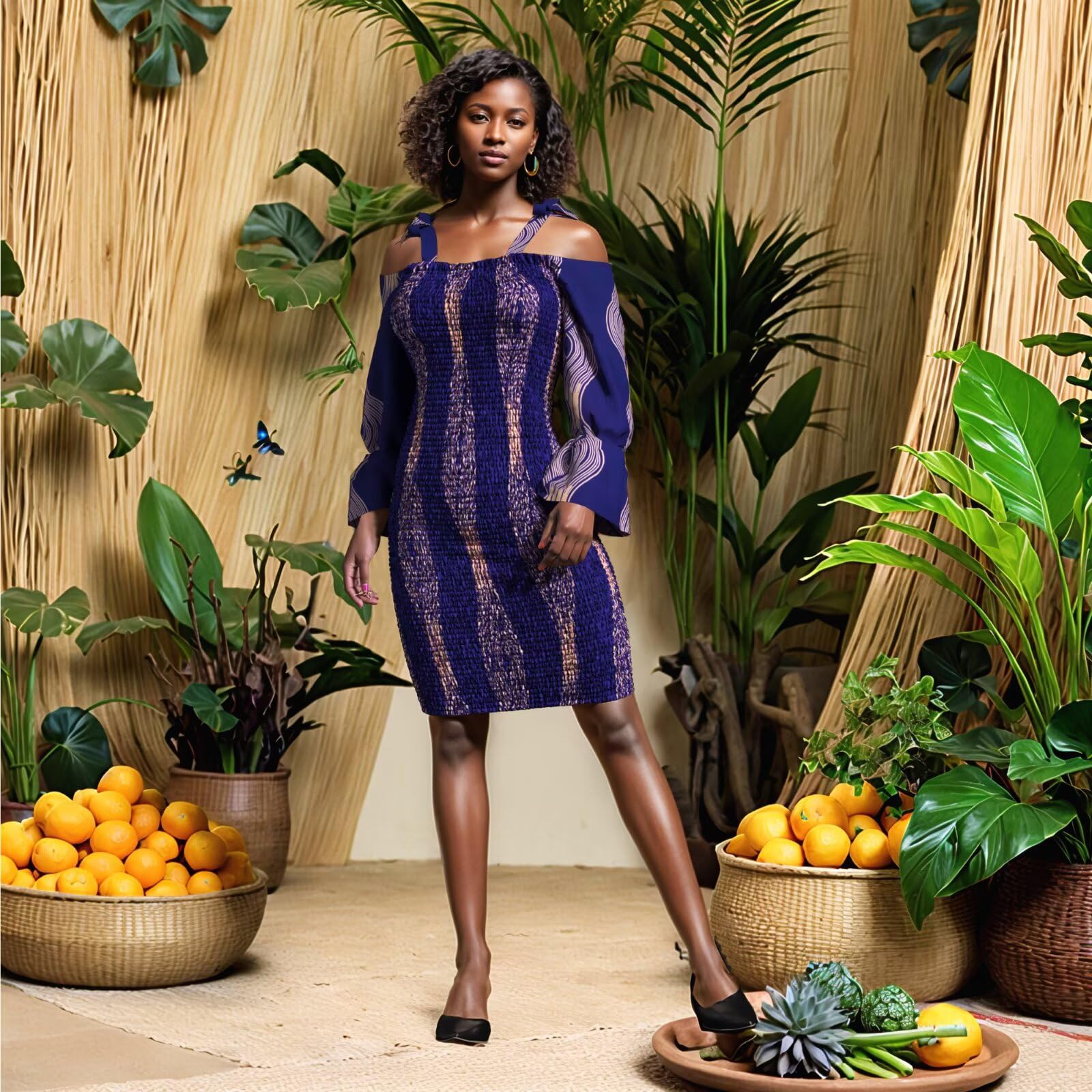 Robe Bodycon imprimé Africain à décolleté Tombant avec Manche évasée
