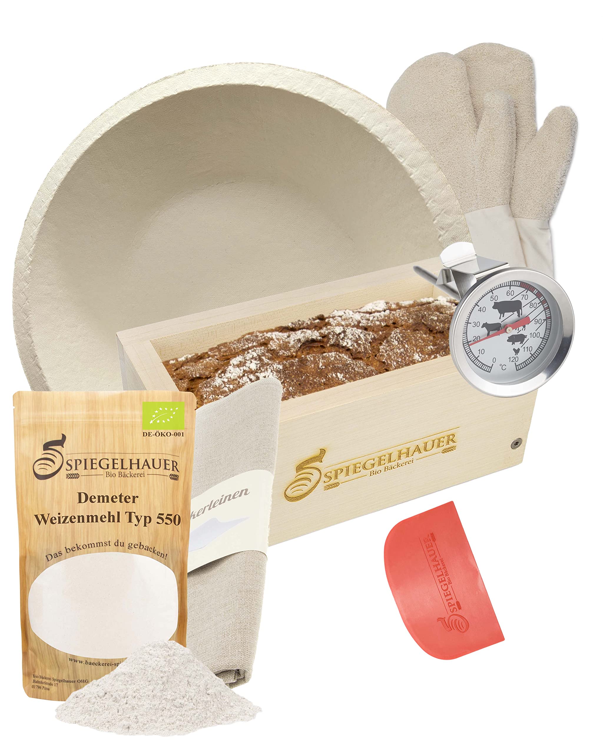 Bäckerei Spiegelhauer Sauerteig Starter Set Getrockneter Bio Lievito Madre 200 g, Demeter Weizenmehl Typ 550 1 kg, Teigschaber, Backrahmen aus Ahornholz, Bäckerleinen,…