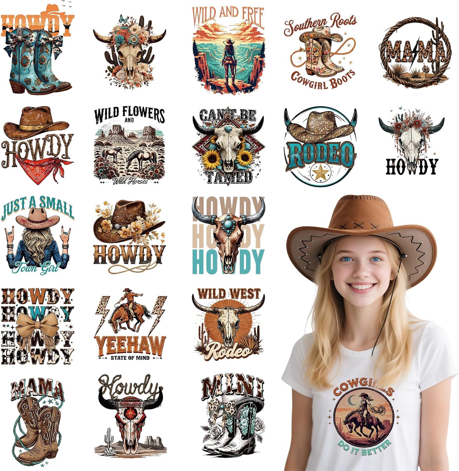 Western DTF Transfers Ready to Press - 20 Sheets Farm Themed Cowboy Iron On Transfers for T Shirts Western Cowgirl Heat Transfer Personalized Iron on Patches for Clothes Bag Pillow Covers DIY