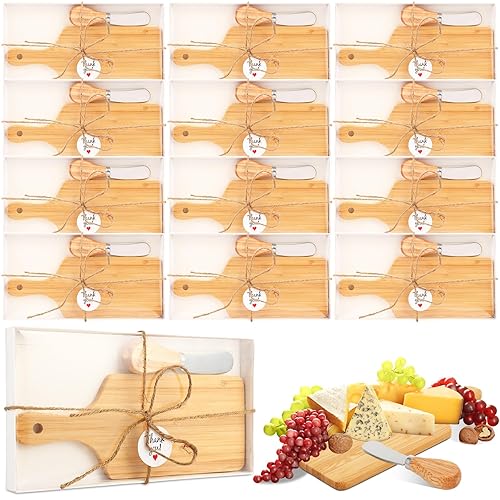 Tioncy 12 Sets Bridal Baby Shower Cheese Prizes Christmas Kitchen Gifts Mini Charcuterie Board Set with Knife Wooden Board Thank You Box for Christmas Wedding Party Guests Game Gifts(Bamboo)