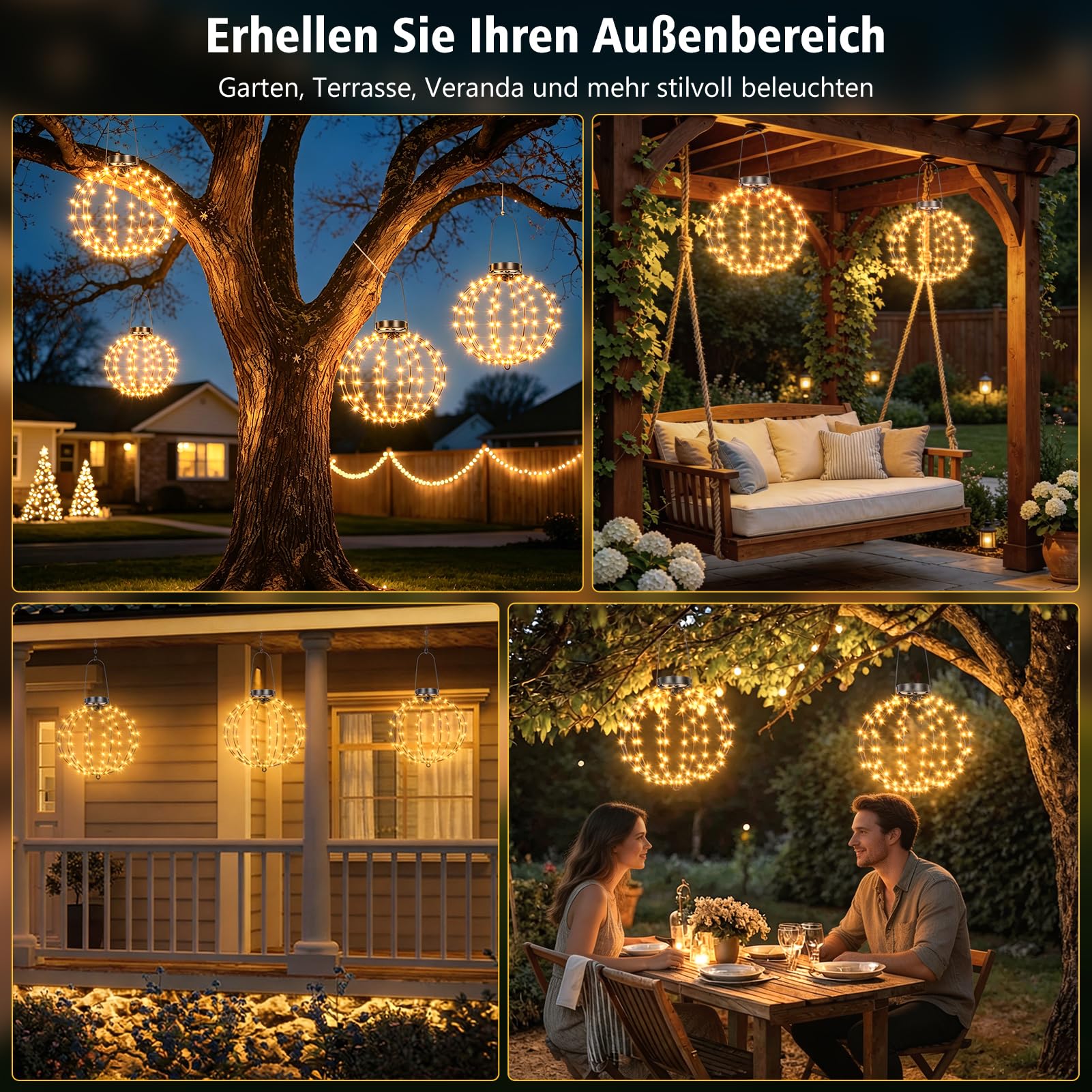 2 Stück 30cm Solar Leuchtkugel Hängend Außen mit Timer für Garten(Warmweiß) | 240 LED Solar Hängende LED Kugel Lichter 8 Modi, Faltbare Wasserdichte Leuchtkugel für Balkon Party Deko