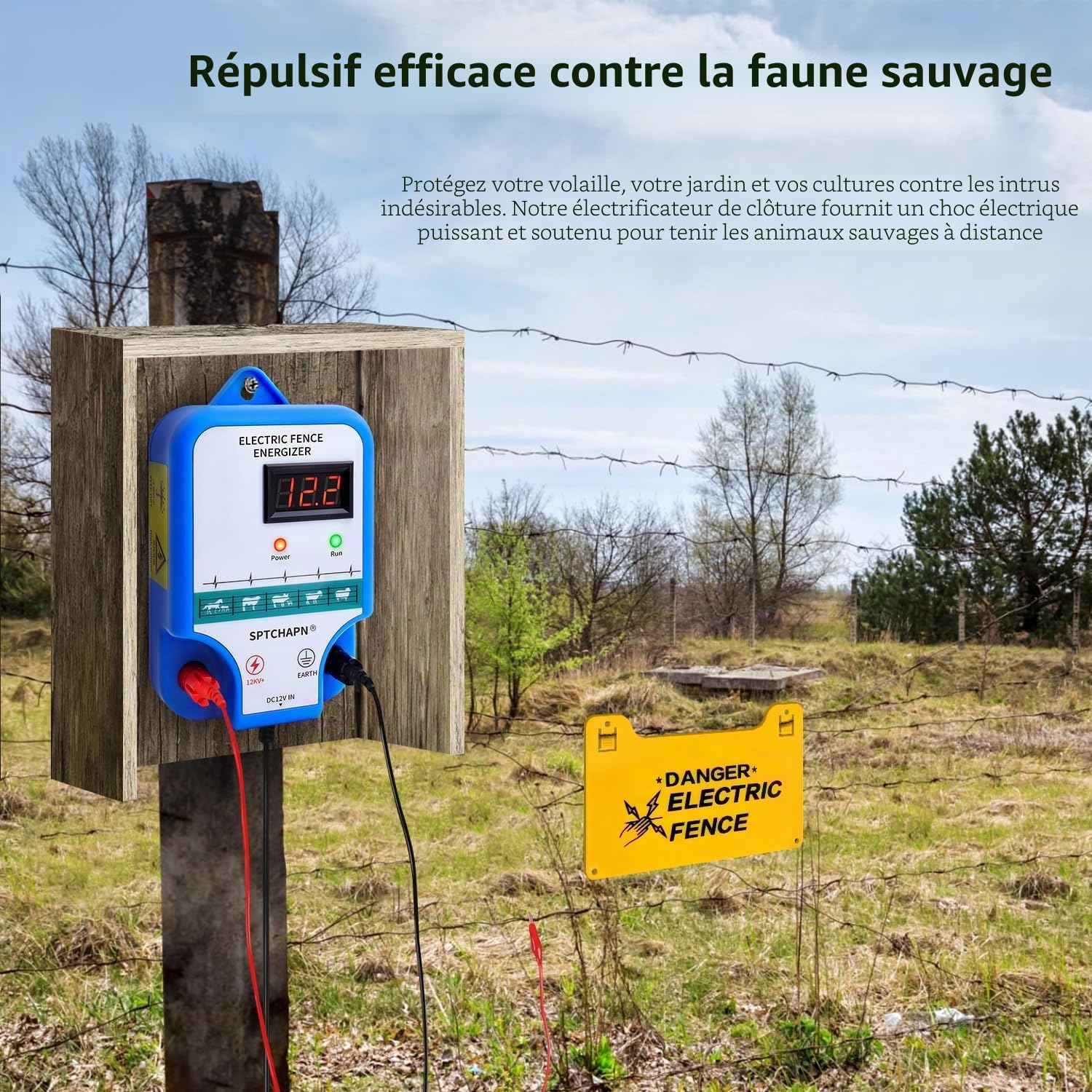 Kit énergisant de clôture électrique 12 AC - Contient 2 joules de sortie de clôture énergisant, prise et tige de terre - Portée de 10 km - Écran LED - Résistant aux intempéries - Pour chevaux, animaux