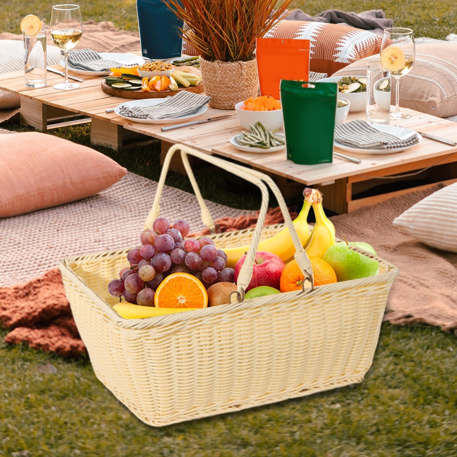 Weiden-Picknick-Aufbewahrungskorb mit faltbarem Griff, PP gewebte, leere Picknickkörbe, stabiler Eisendrahtrahmen, vielseitiger Erntekorb für Camping, Strand, Park, Halloween, B 45 x 35 x 20