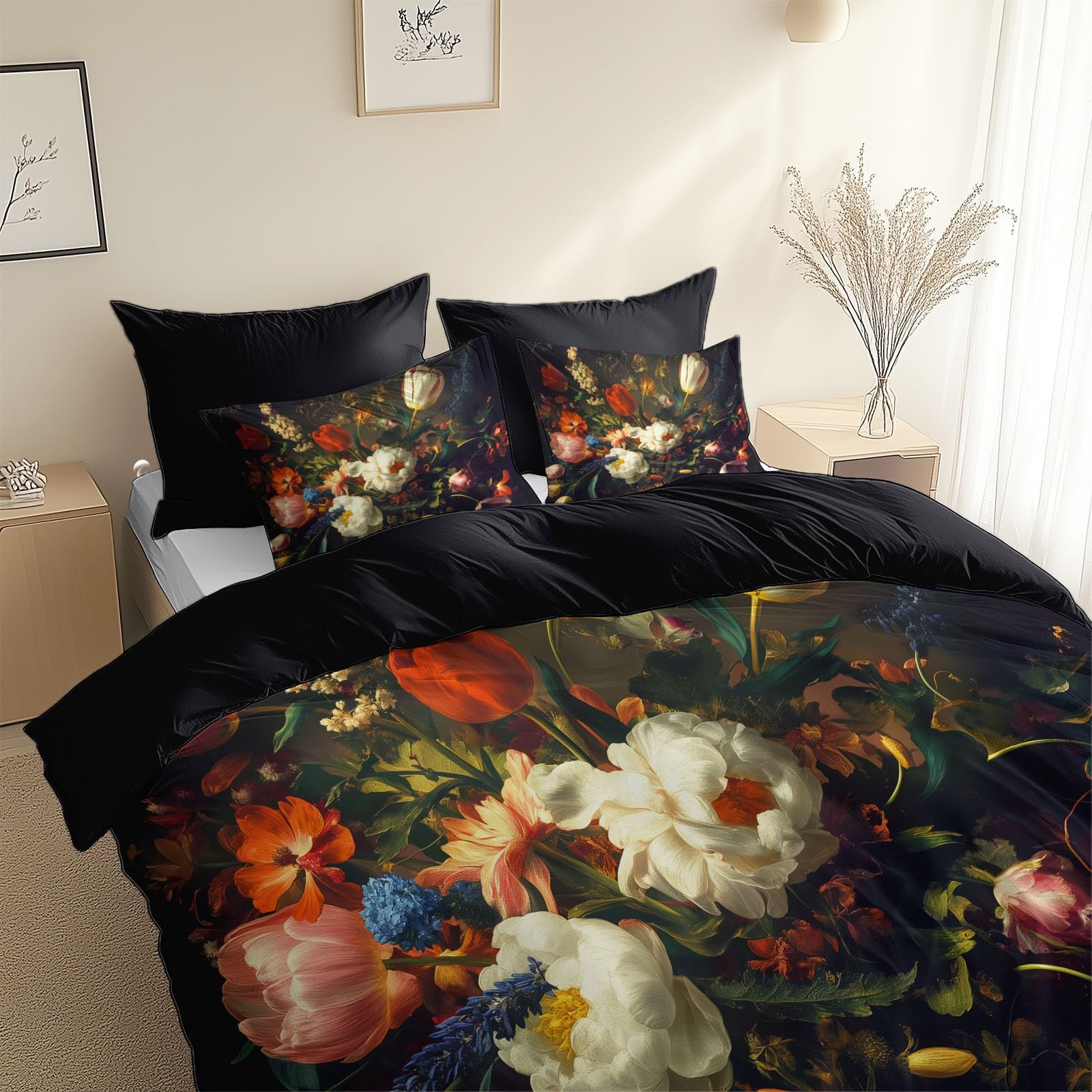Housse de couette fleur tulipe parure de lit 2 personnes premium