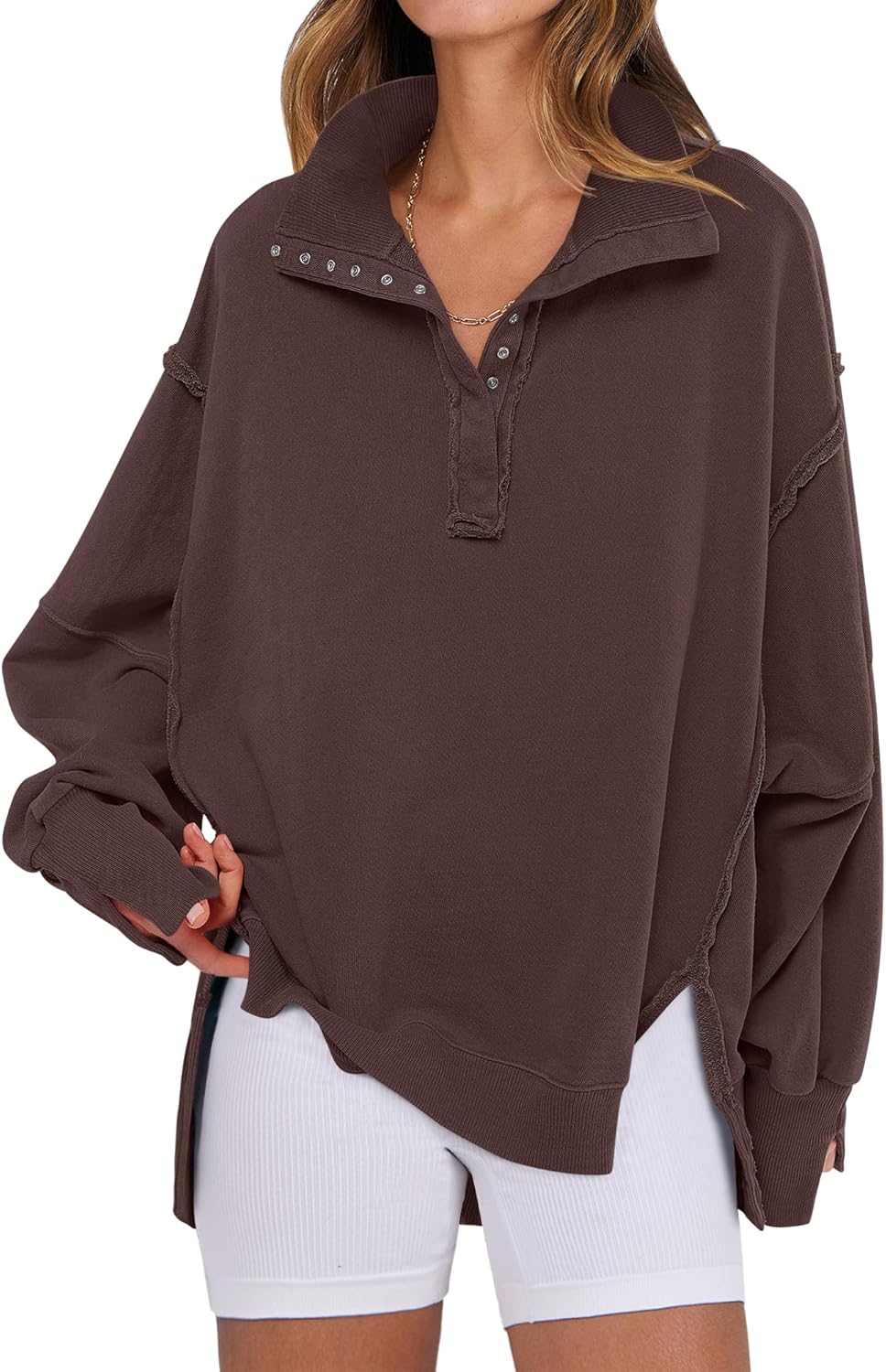 ANRABESS Women's Sweatshirts Oversized Casual Loose Button Up Henley Pullover Top High Low Split 2025 Fall Fashion Outfits