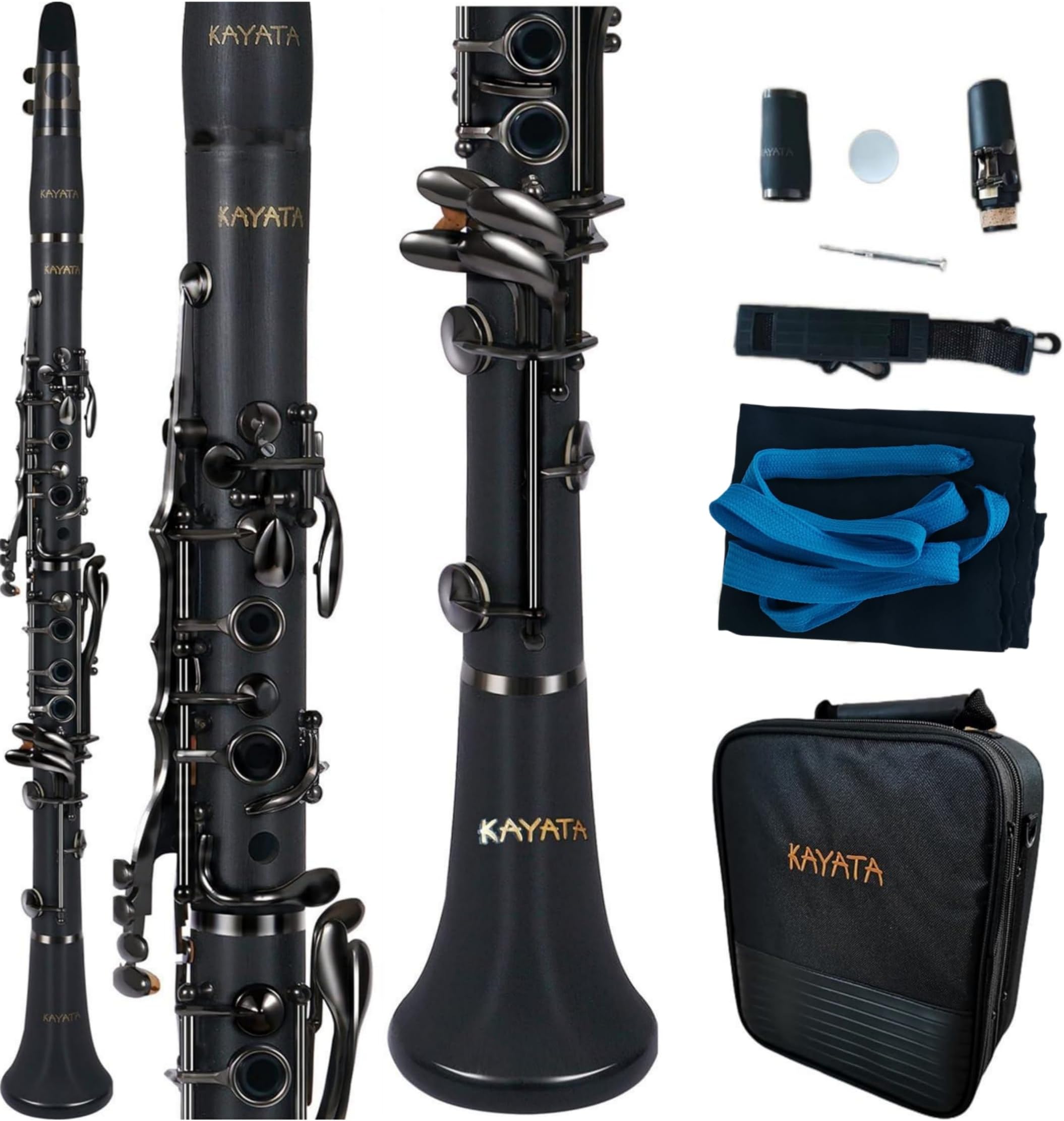 B Flat Clarinet with Black Ebonite Body, New Black Nickel Plated Keys Adjustable Thumb Rest with Unique Thinner Black Rings. Deluxe Clarinet Canvas Case