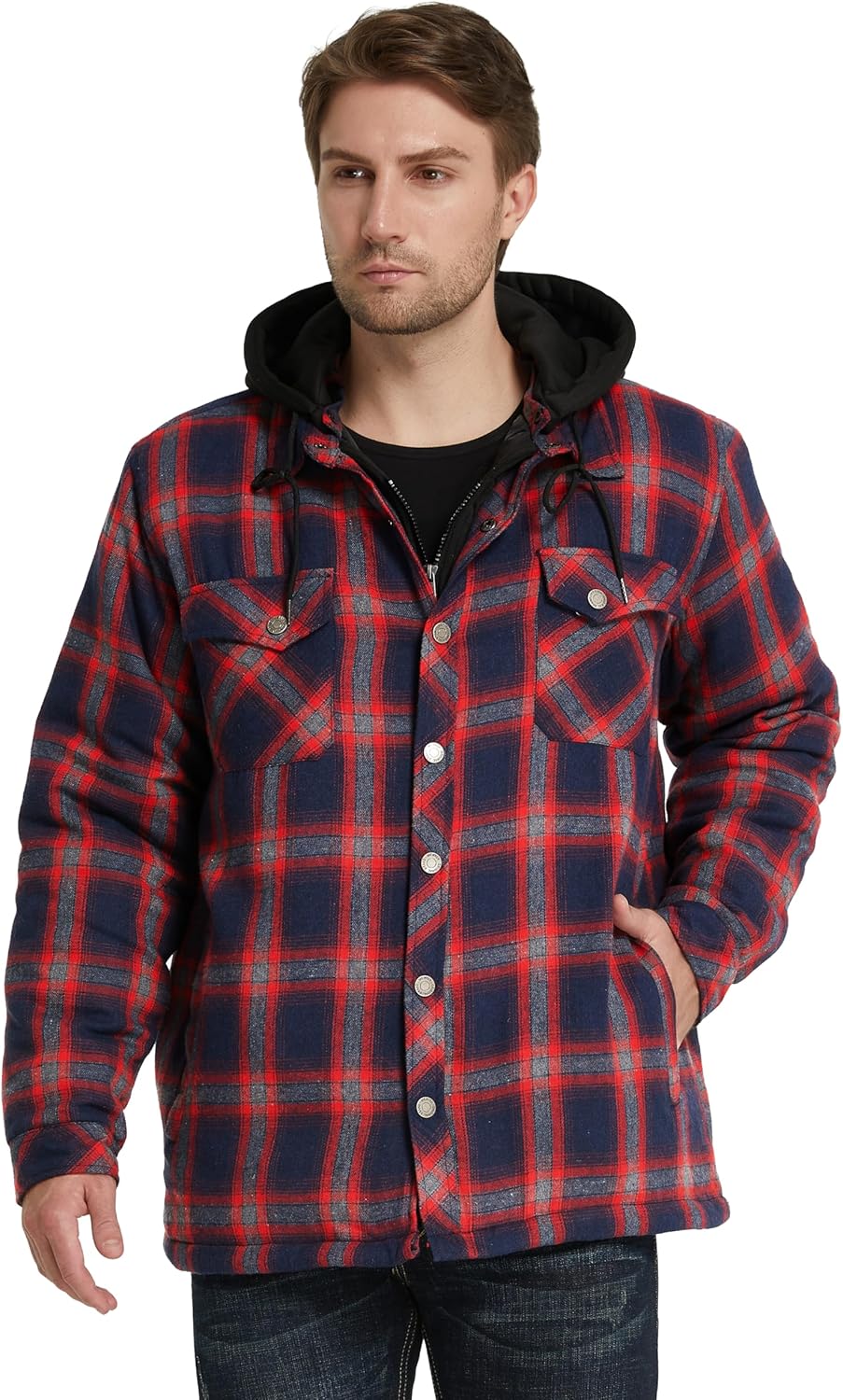 WenVen Men's Thicken Plaid Flannel Quilted Shirts Jacket with Removable Hood - Image 4