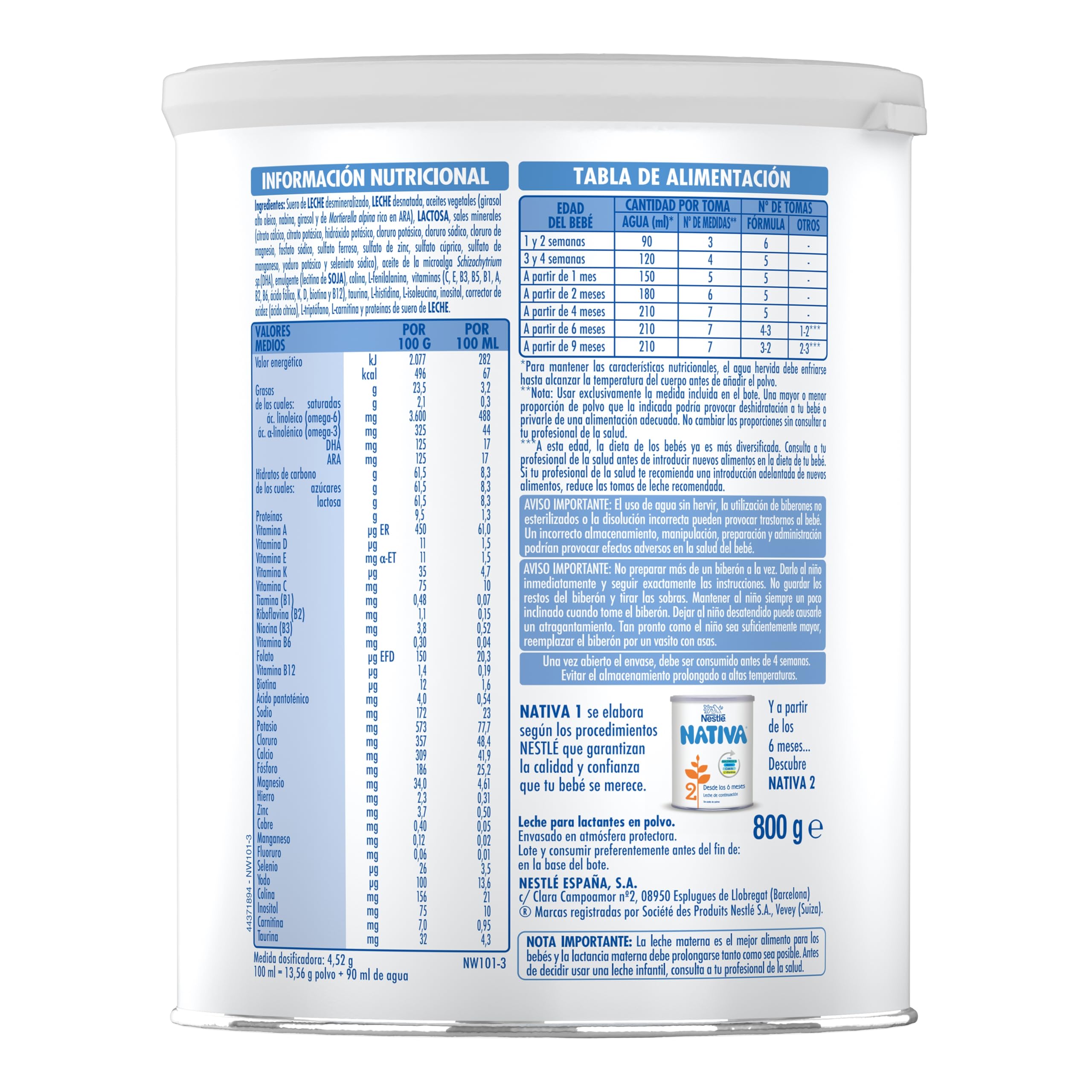 Nestlé NATIVA 1 Leche para bebés de 0 a 6 meses en polvo, fórmula para lactantes. Pack de 6 botes de 800g (4800g en total)