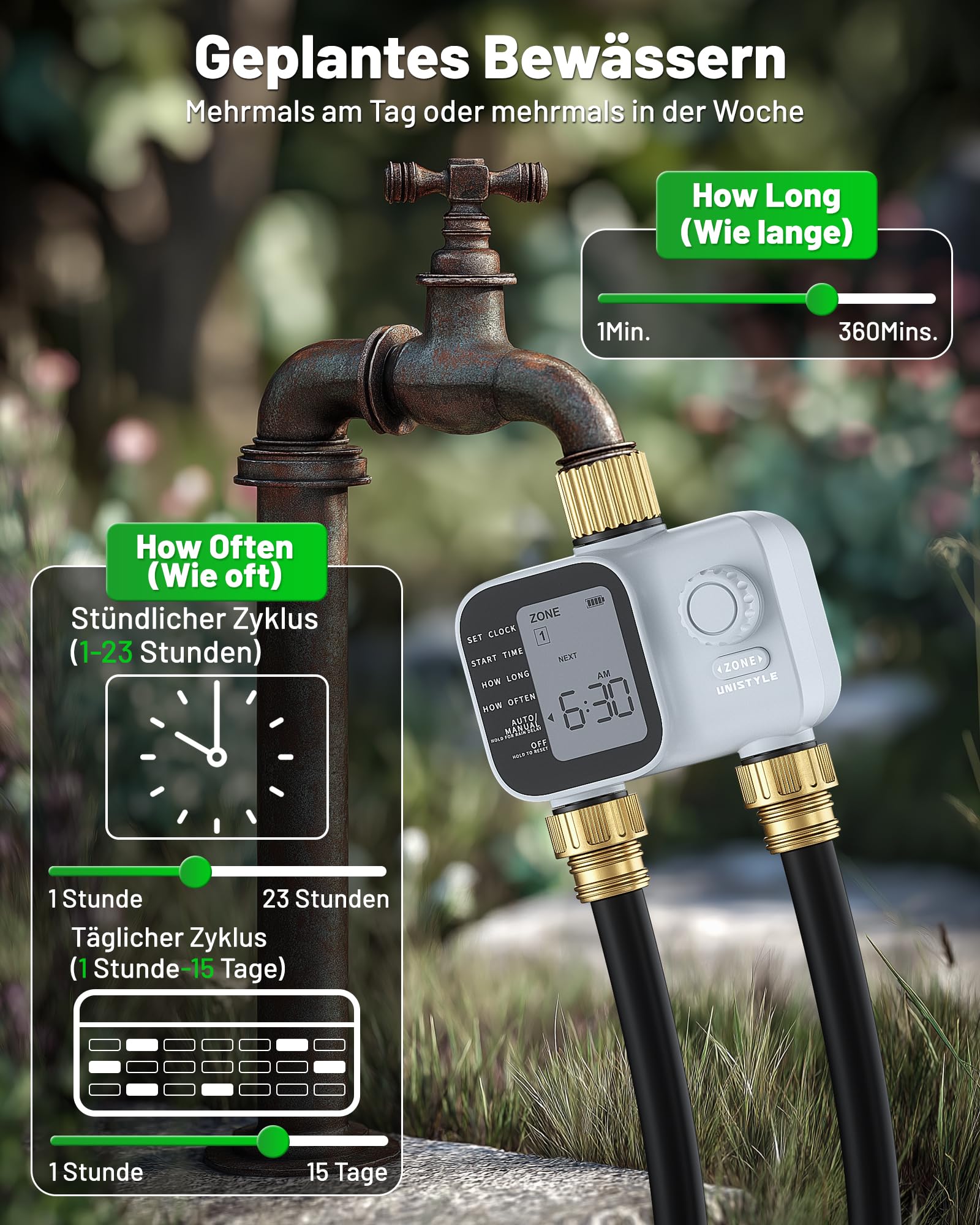 Unistyle Bewässerungscomputer 2 Ausgänge | Neuauflage 2026 – Automatische Gartenbewässerung, einfache und intuitive Bedienung, Messinganschluss in Schwerausführung, flexible Bewässerungsprogramme
