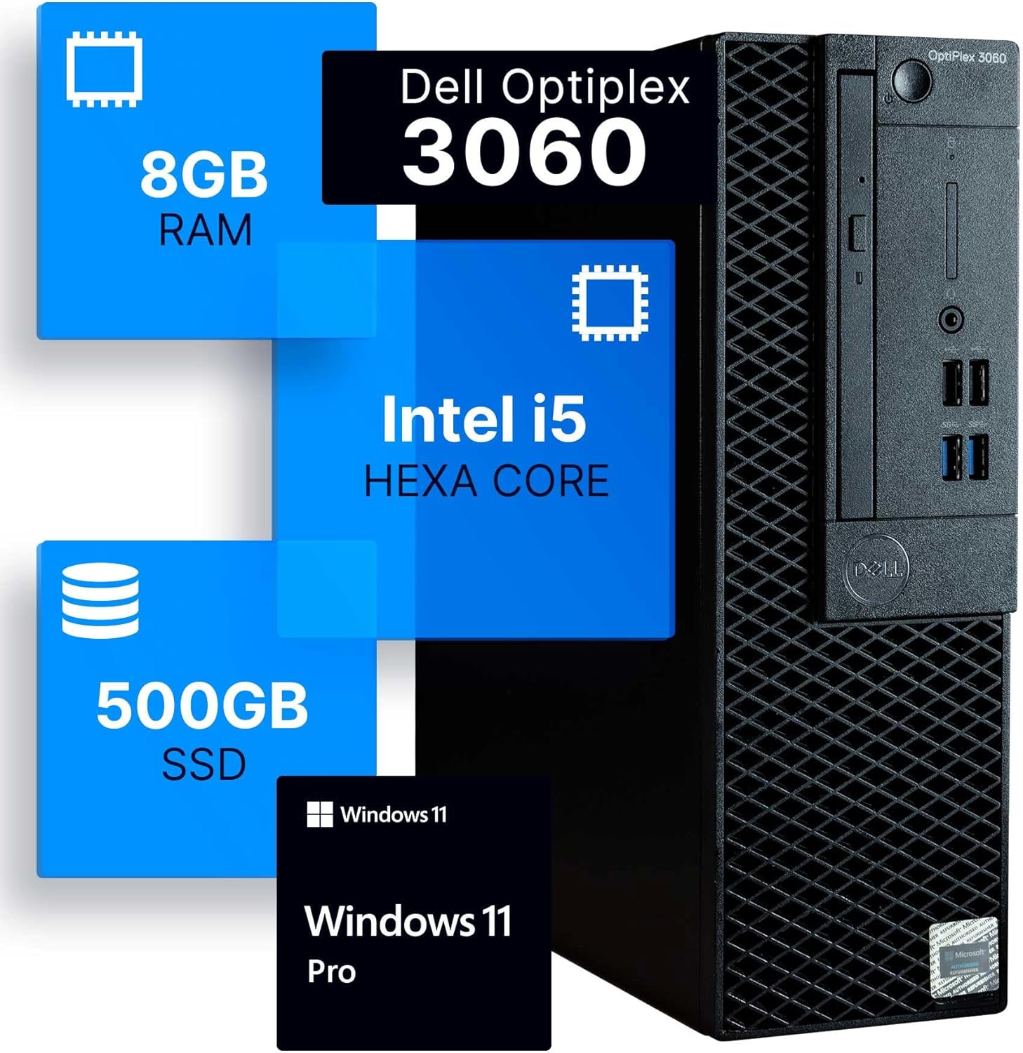 Dell Optiplex 3060 Desktop Computer | Intel i5-8500 (3.2) | 8GB DDR4 RAM | 500GB SSD Solid State | Windows 11 Professional | Home or Office PC (Renewed)