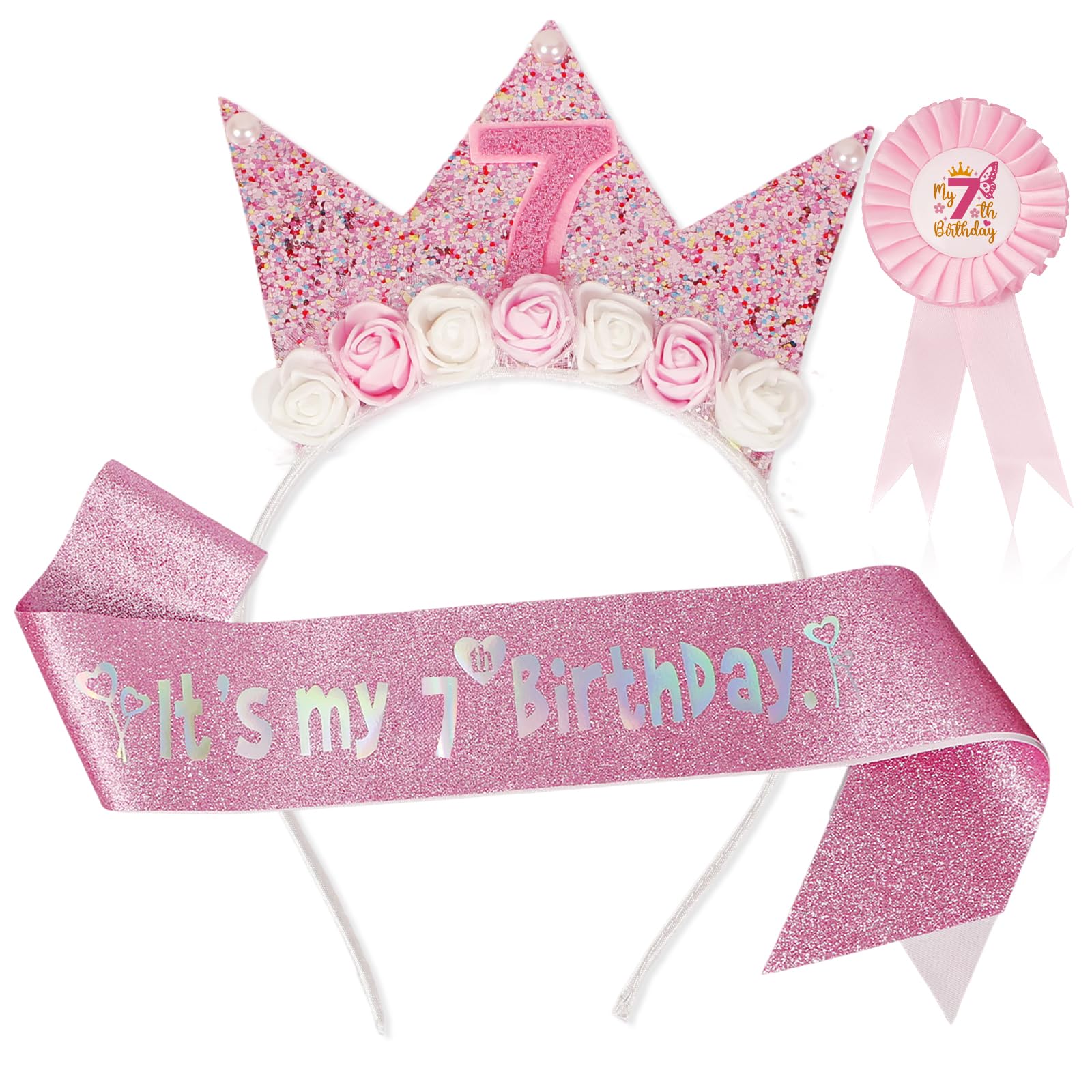 Bliceon 7th Birthday Girl Headband Sash and Girl Badge with Pin, 3 Piece Pink Glitter Princess Party Decorations for Girls, Party Supplies, Daughter, Granddaughter, Niece, 7th Birthday Gifts
