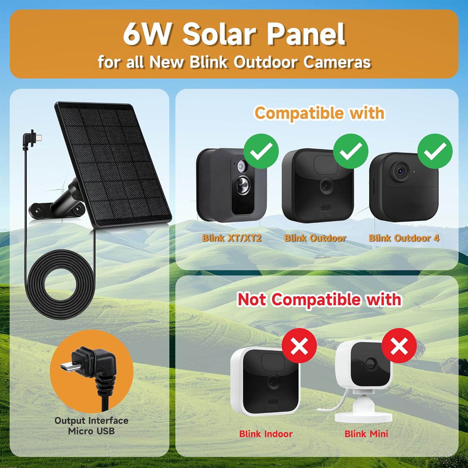 4 Pack Solar Panel for Blink Outdoor 2K+/4(4th Gen)/Outdoor(3rd Gen) XT3 and XT2/XT Camera,6W Solar Charger for Blink with 360° Adjustable Mount 5.9in to 8.7in,10ft Outdoor Power Cable,Waterproof