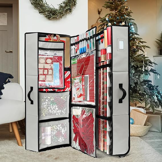 Hearth & Harbor Wrapping Paper Storage Container with Ribbon Dispenser and Interior Pockets - Large Christmas Storage Containers with Wheels, Fits 30 Rolls of 40 Length, Silver