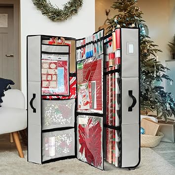 Hearth & Harbor Wrapping Paper Storage Container with Ribbon Dispenser and Interior Pockets - Large Christmas Storage Containers with Wheels, Fits 30 Rolls of 40 Length, Silver