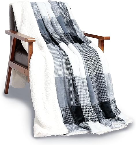 NANPIPER Manta sherpa, cálida y mullida a cuadros, manta de forro polar suave para cama, tamaño individual a cuadros negros, 60 x 80 pulgadas