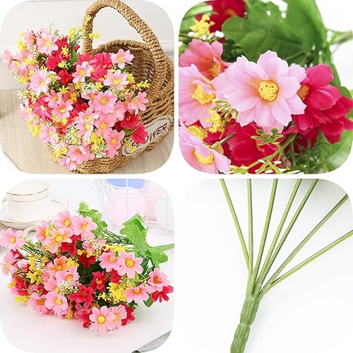 Miniatura 2 de Flores artificiales, margarita de seda rosa y roja, 6 paquetes de flores artificiales para colgar jardín, porche, ventana, patio, macetas de césped,