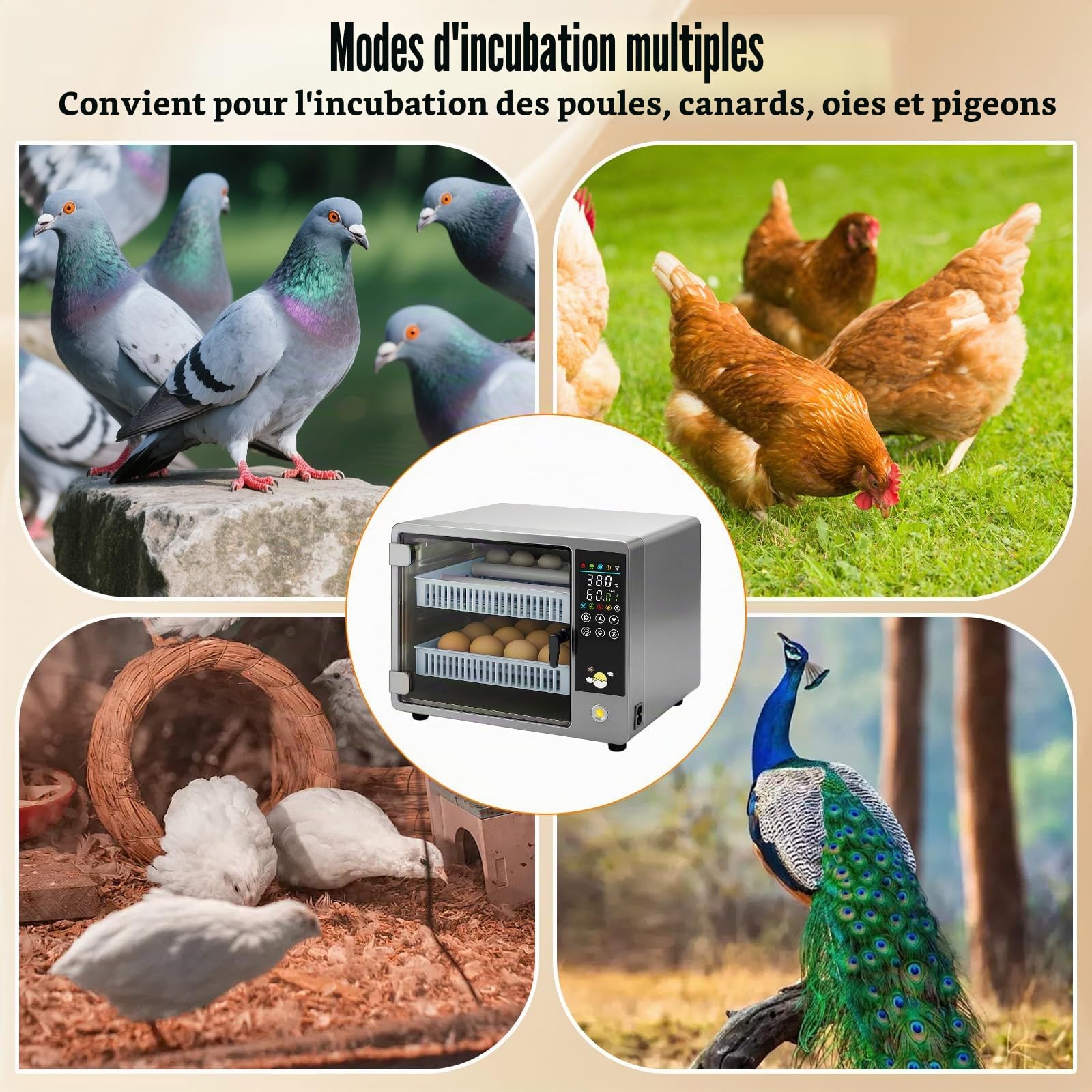 Couveuse entièrement automatique, 20-24 œufs Couveuse, avec rotation automatique des œufs et surveillance de l'humidité, 5 modes d'incubation Convient pour les œufs de poule, canard, oie, caille