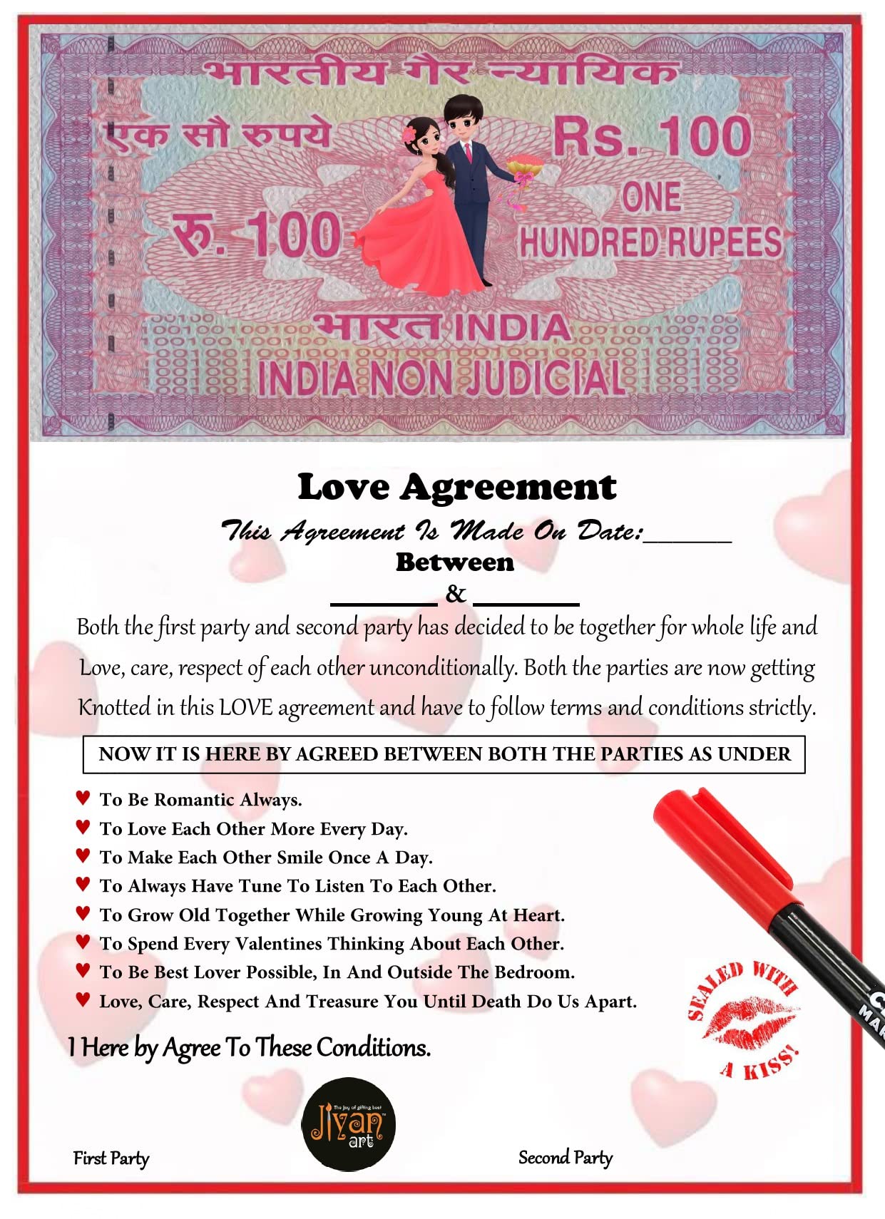 Jiyan Art Love Contract Agreement with Pre Defined Terms & Conditions, multi- 30L x 21W Centimeters,Paper