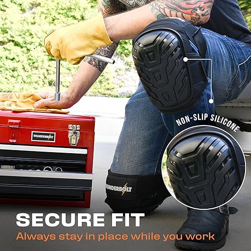 Miniatura 43 de Rodilleras Thunderbolt de trabajo, para construcción, colocación de pisos, limpieza de jardines, doble cojín de espuma de gel y correas Naranja