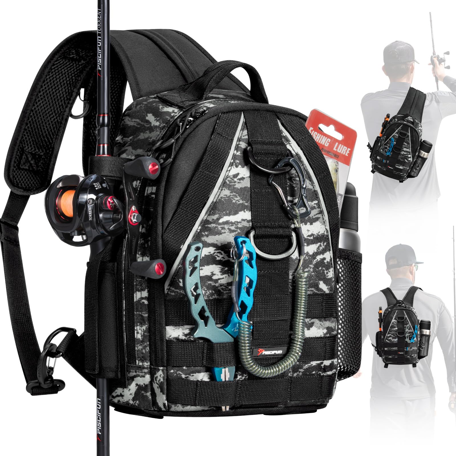 Piscifun Fishing Backpack, Rod Holders, Lightweight Sling Bag, Black Camo