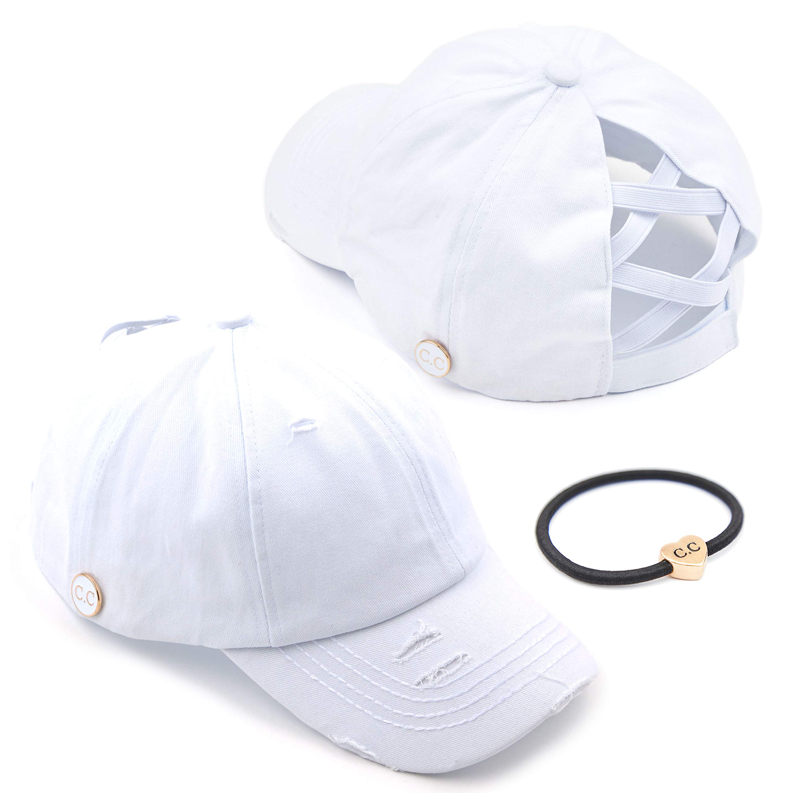C.C Washed Denim Ponytail Cap With Criss-Cross Back & Epoxy Button For Face Mask (Mask Not Included) - Adjustable Velcro