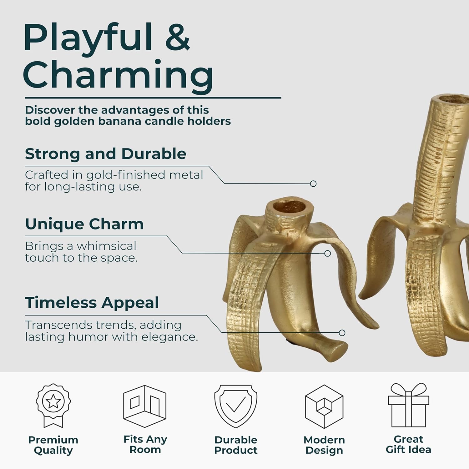 Decorative Banana Candle Holders - Metal Taper Candlestick Holders for Table Centerpieces or Living Room Decor - Stylish Candle Stand Holder for Shelf, Office, or Home Decor - Set of 2, 7", 5", Gold