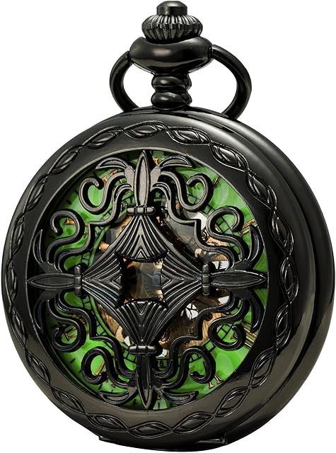 SEWOR Vintage Gentleman Mechanical Hand Wind Pocket Watch Luminous Dial Magnifier Glass (Carved Black-2)
