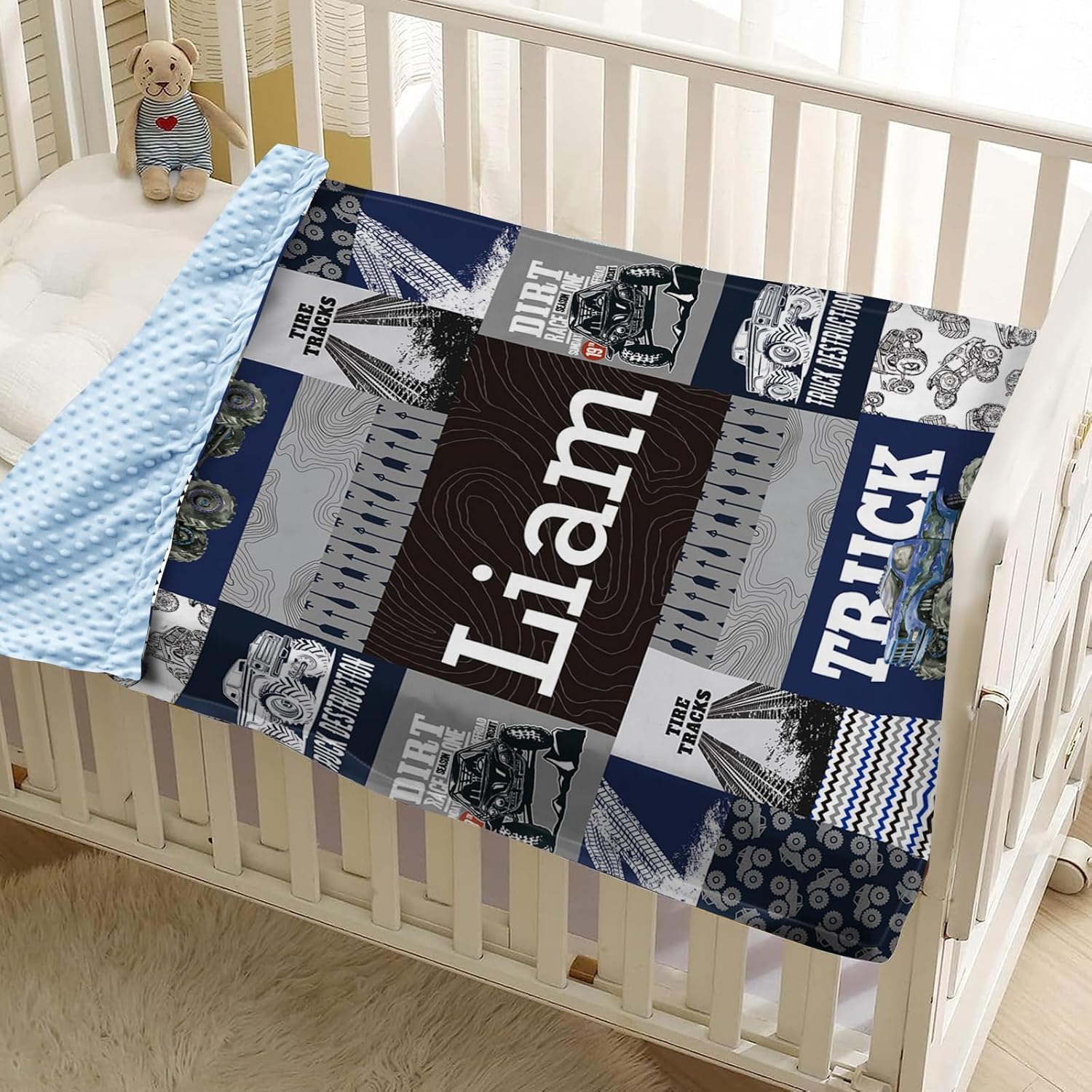 Personalized Baby Blanket for Boys, Personalized Baby Gifts, Custom Name Baby Blanket, Gray Blue Plush and Cozy Blanket with Off-road Car Design, Baby Gifts for Newborn, Baby Boys Newborn Essentials