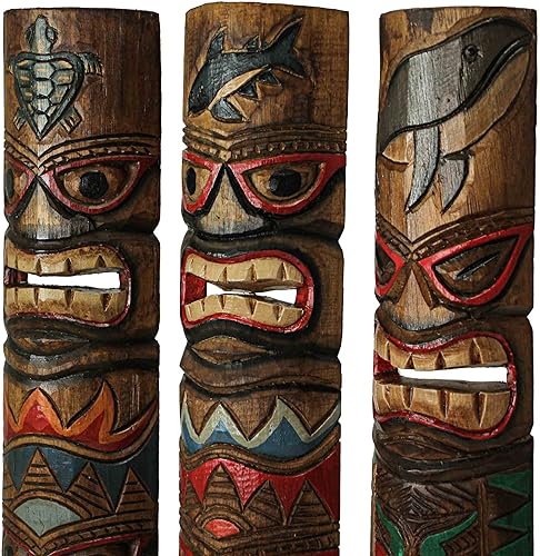 Miniatura 2 de Zeckos Juego de 3 máscaras Tiki dobles de madera marrón talladas a mano con tótem de animales oceánicos, esculturas de decoración de pared - 24