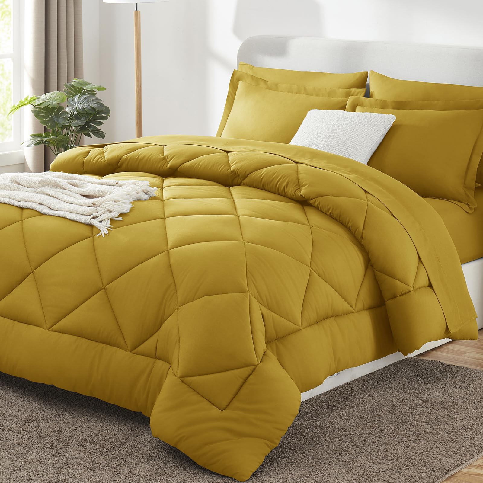 CozyLux Full Size Comforter Sets Mustard Yellow - 7 Pieces Bed in a Bag Full, Luxury Soft Bed Set for All Seasons, Bedding Set with Down Alternative Comforter, Sheets, Pillowcases & Shams
